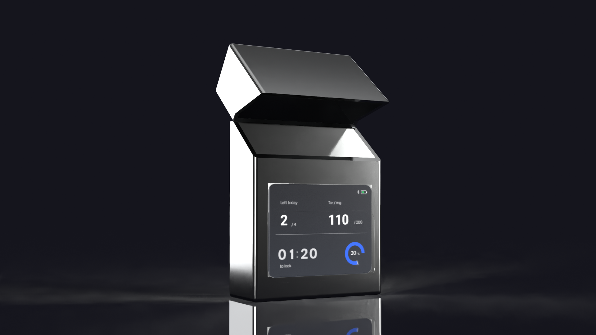 A sleek black and silver electronic device with a screen displaying various data metrics, a digital timer, and a circular dial, with the lid open.