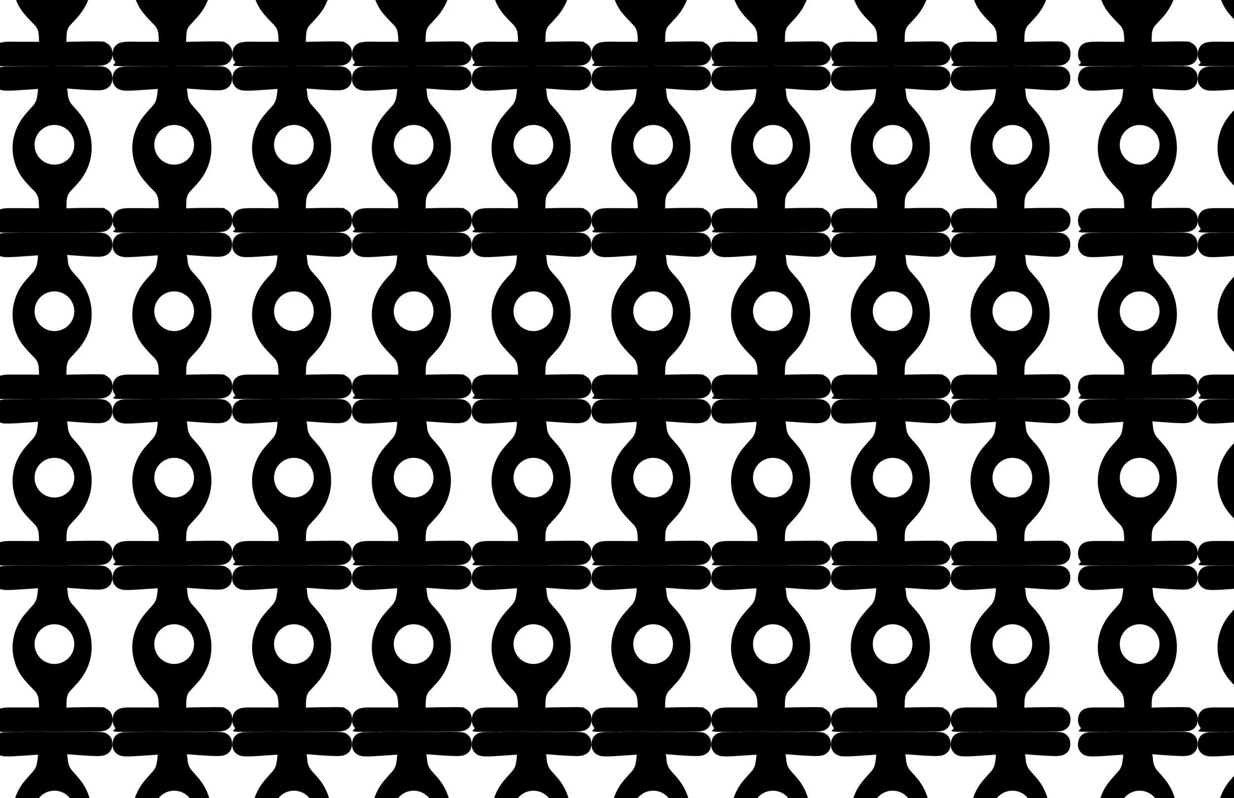 Pattern of black geometric shapes resembling abstract human figures arranged in horizontal rows on a white background.