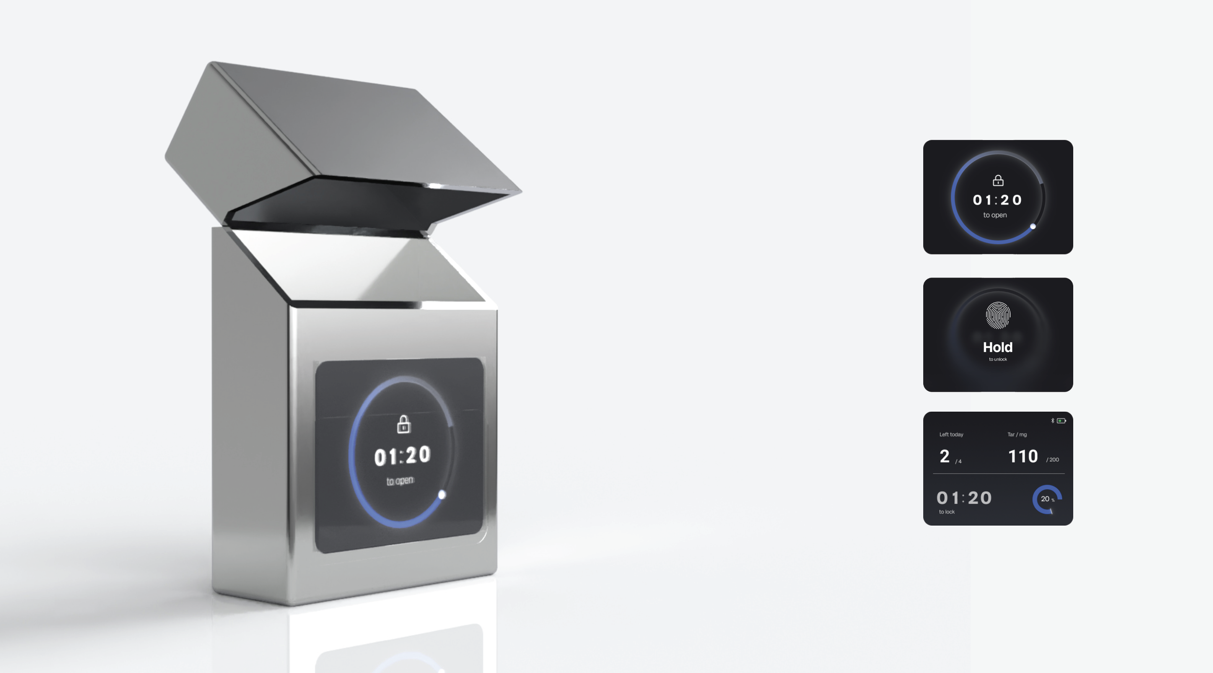 A modern package delivery box with a digital lock screen displaying a countdown timer, with additional screens showing lock/unlock status, fingerprint authentication, and air quality or weight information.