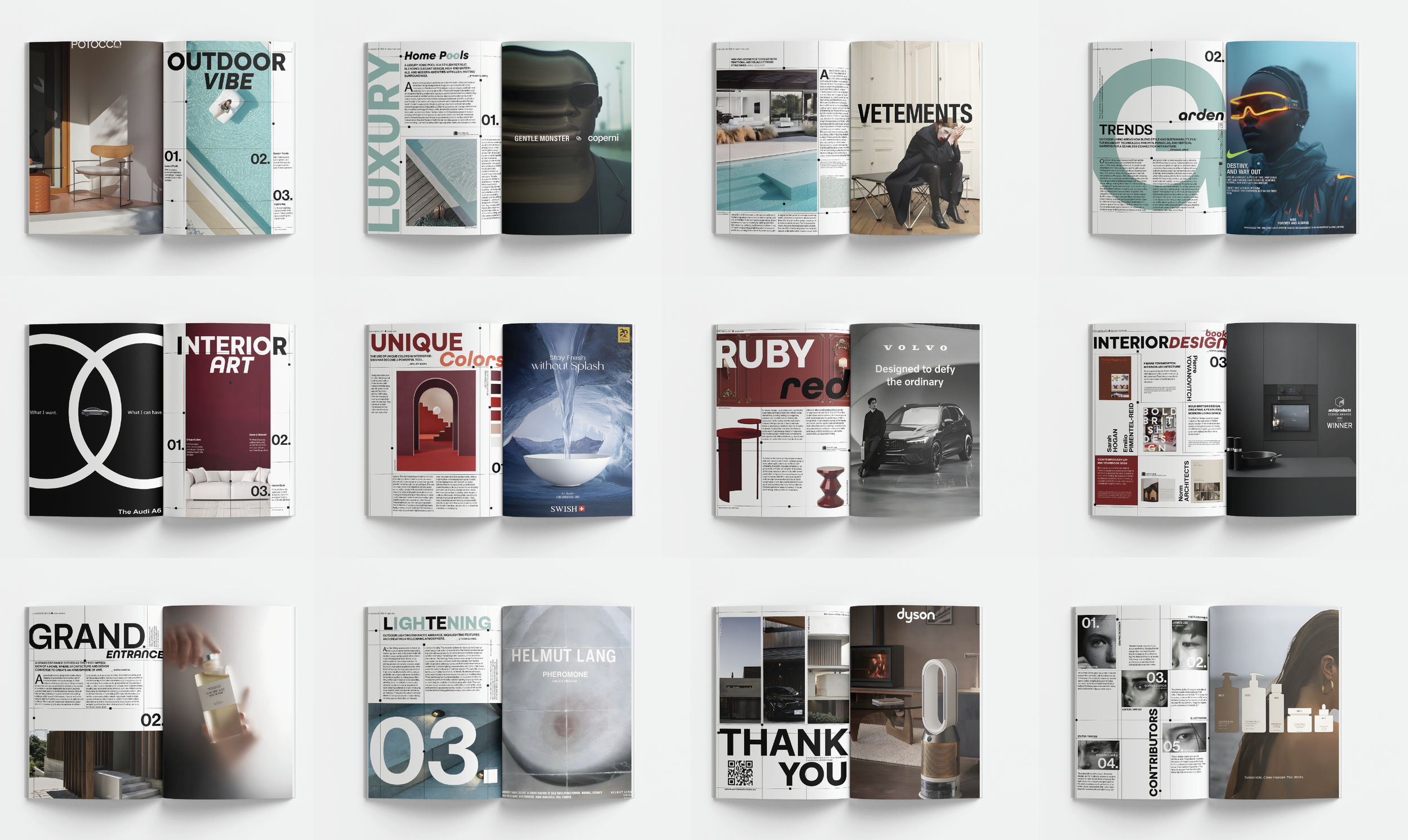 A collection of open magazines laid out flat on a white background, showcasing various modern interior design, architecture, and lifestyle pages with images and text.
