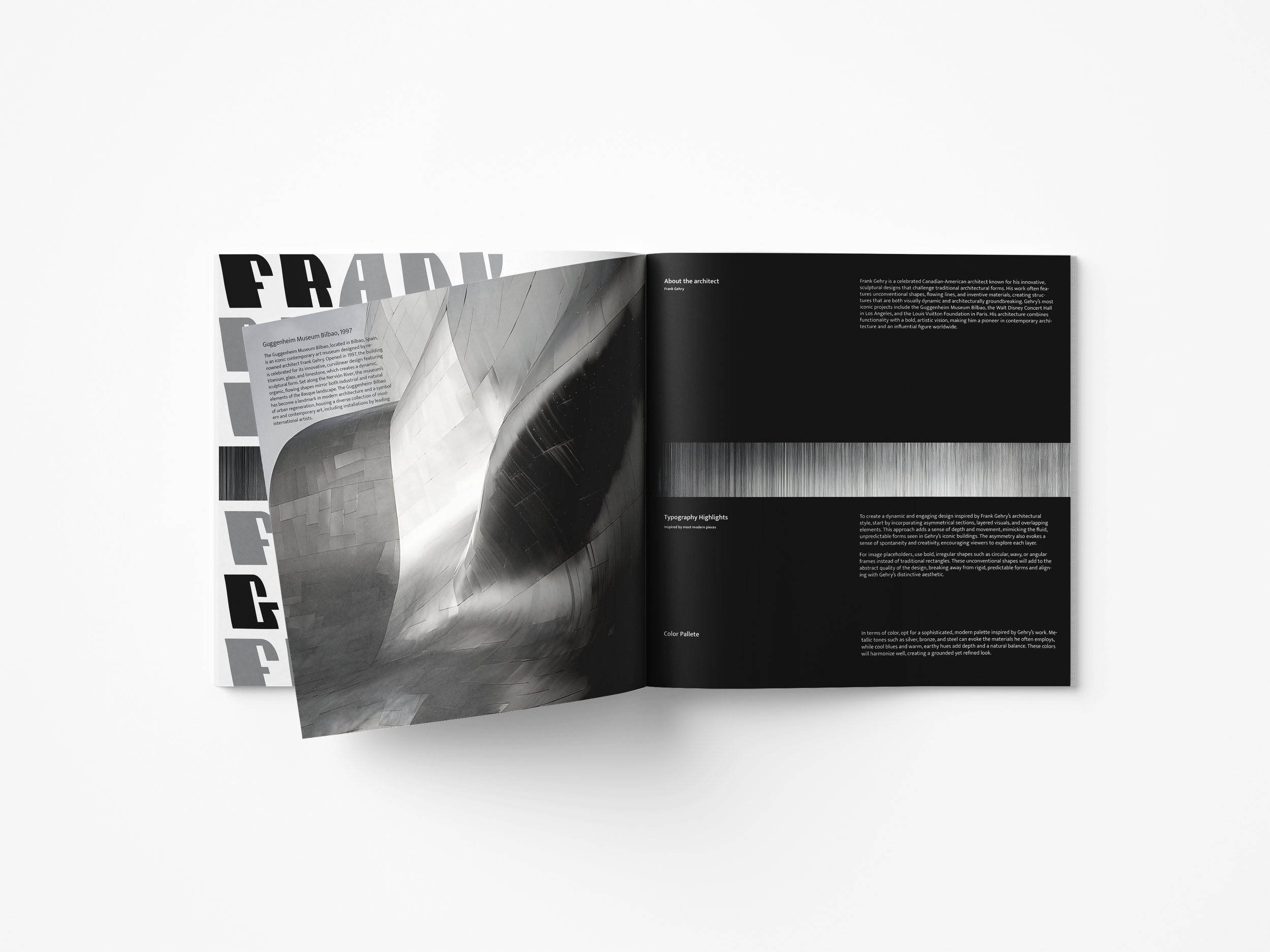 Open black booklet with grayscale photos and text about architecture on white background