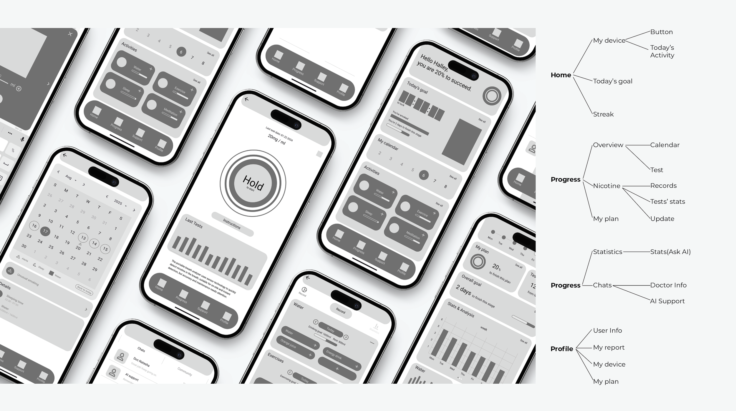 Collection of various smartphone app screens displaying health and activity tracking interfaces and charts.