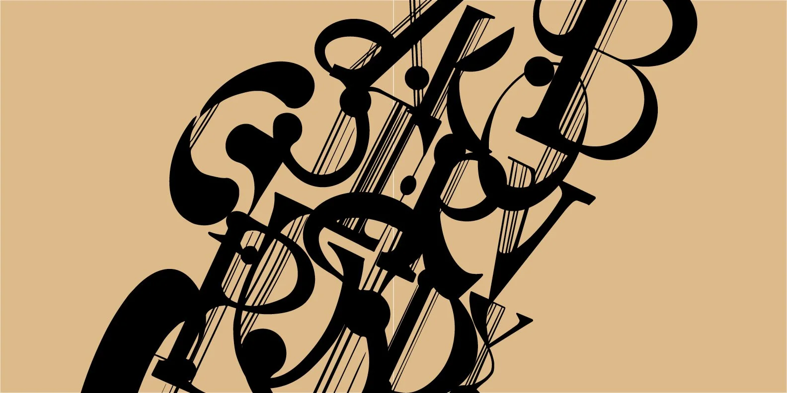 Abstract black silhouettes of musical instruments, including a guitar, set against a beige background.