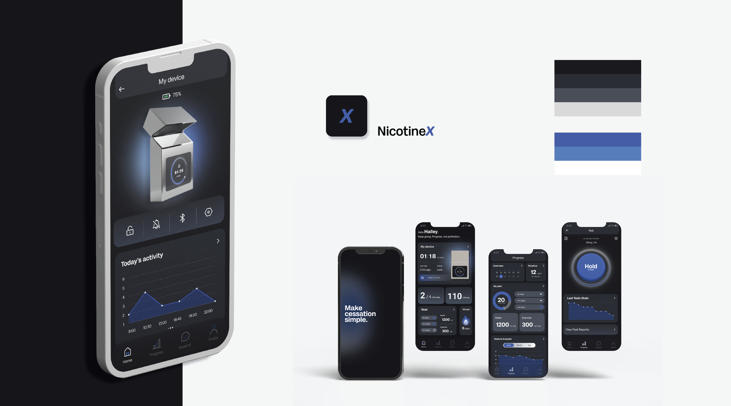 Promotional graphic for nicotineX, showing four smartphones with app interfaces related to nicotine consumption tracking, and a nicotineX logo. The main focus features a black and white smart device with a digital interface. The background is split between dark and light, and the app screens display graphs, progress, and settings for managing nicotine intake.