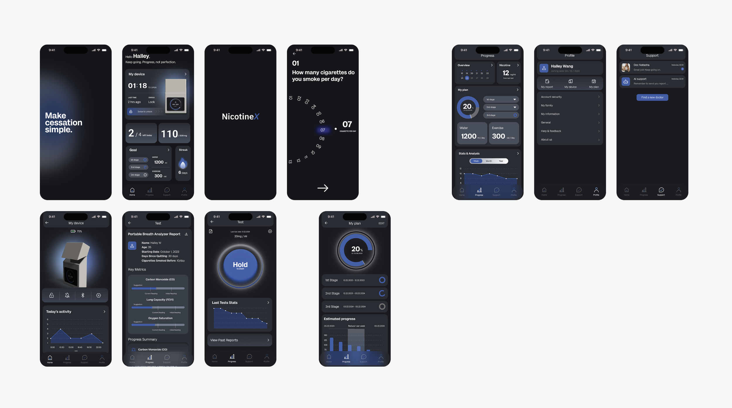 A series of mobile app screens showing various health and fitness tracking interfaces, including smoking cessation, nicotine tracking, blood oxygen levels, and breathing exercises.