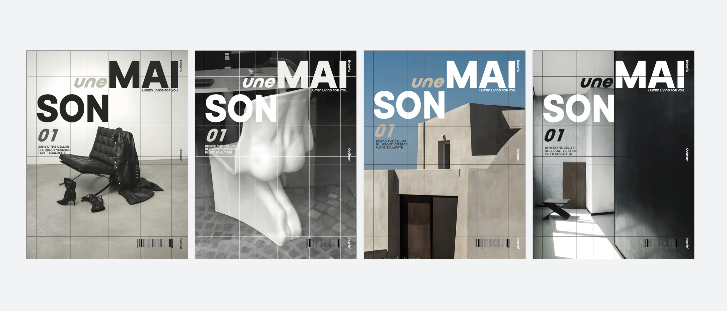 Set of four magazine covers featuring modern architecture and design, with bold text and minimalist visuals.