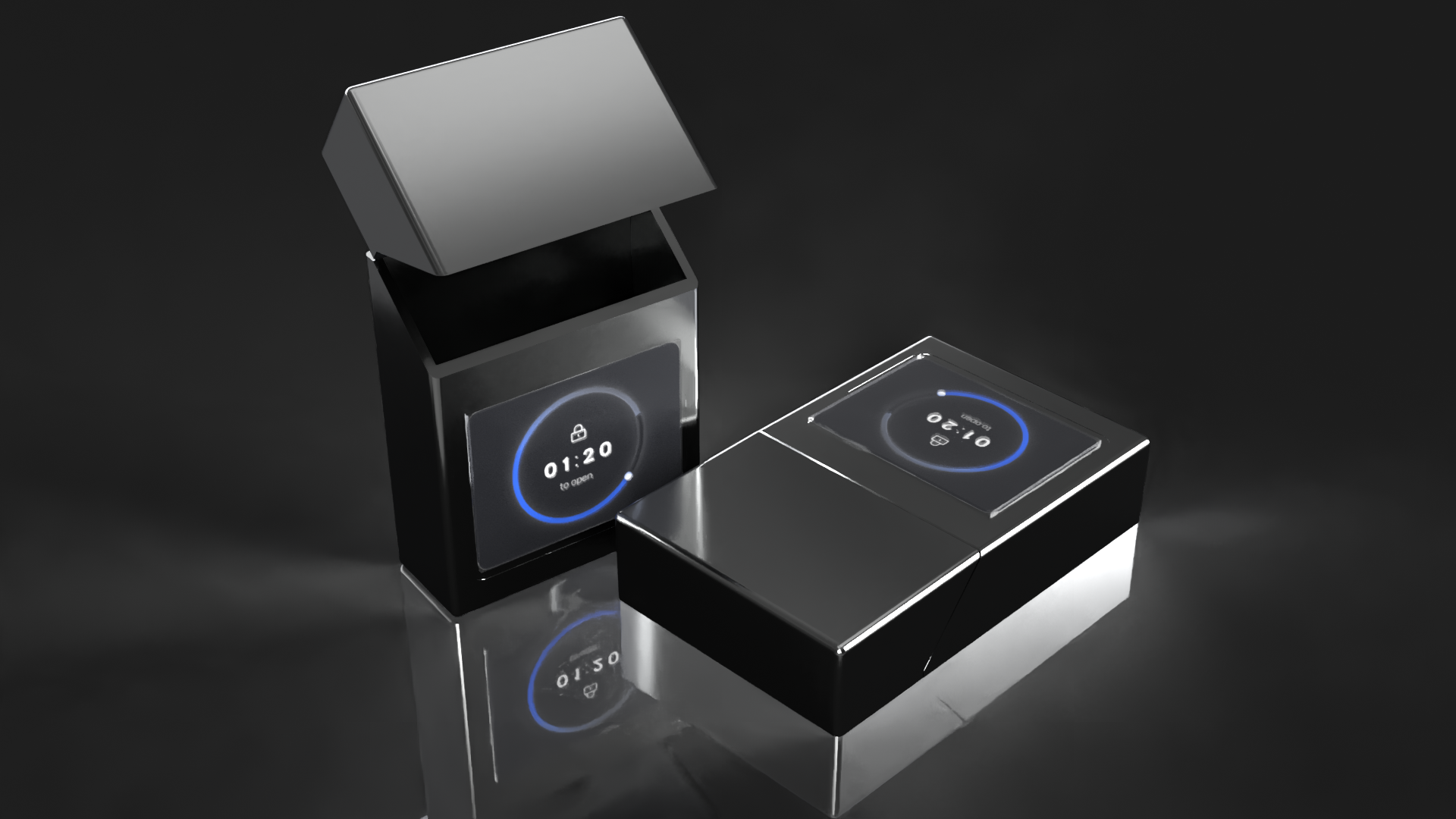Two sleek black electronic devices with digital screens displaying a lock icon, time, and notification symbol on a reflective surface against a dark background.