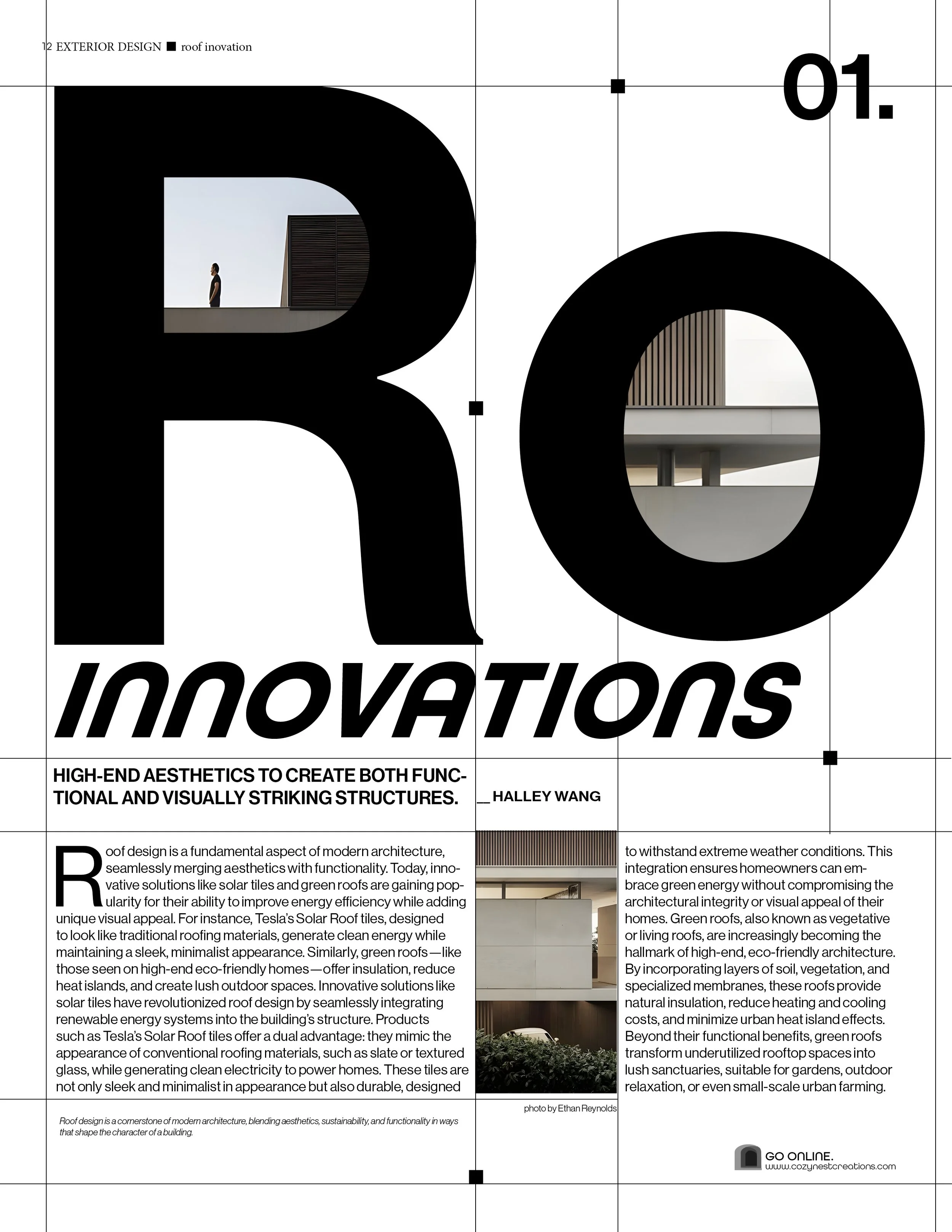 Magazine page featuring an article on roof innovations, highlighting solar tiles and green roofs, with large bold title 'ROO INNOVATIONS' and a photo of a modern building with a person on the roof.