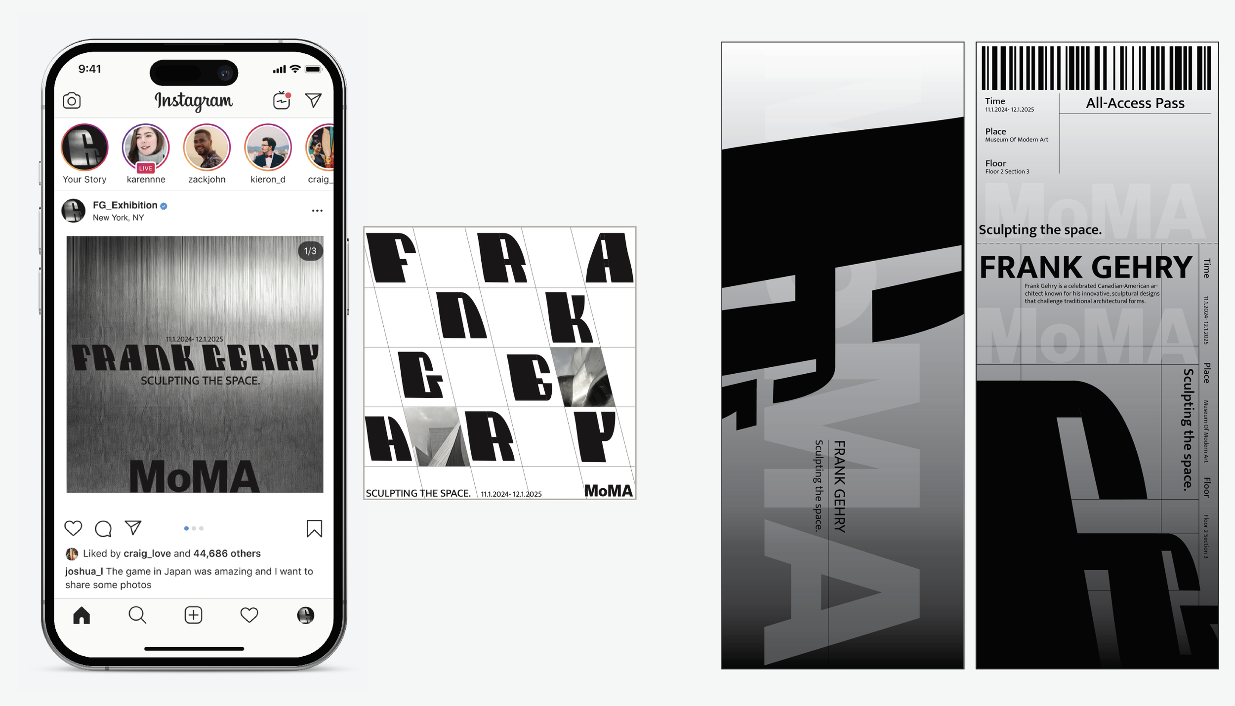 Instagram post promoting an exhibition for Frank Gehry at MoMA with a black and white promotional poster featuring bold, stylized text, a ticket for entry, and a close-up of architectural artwork.