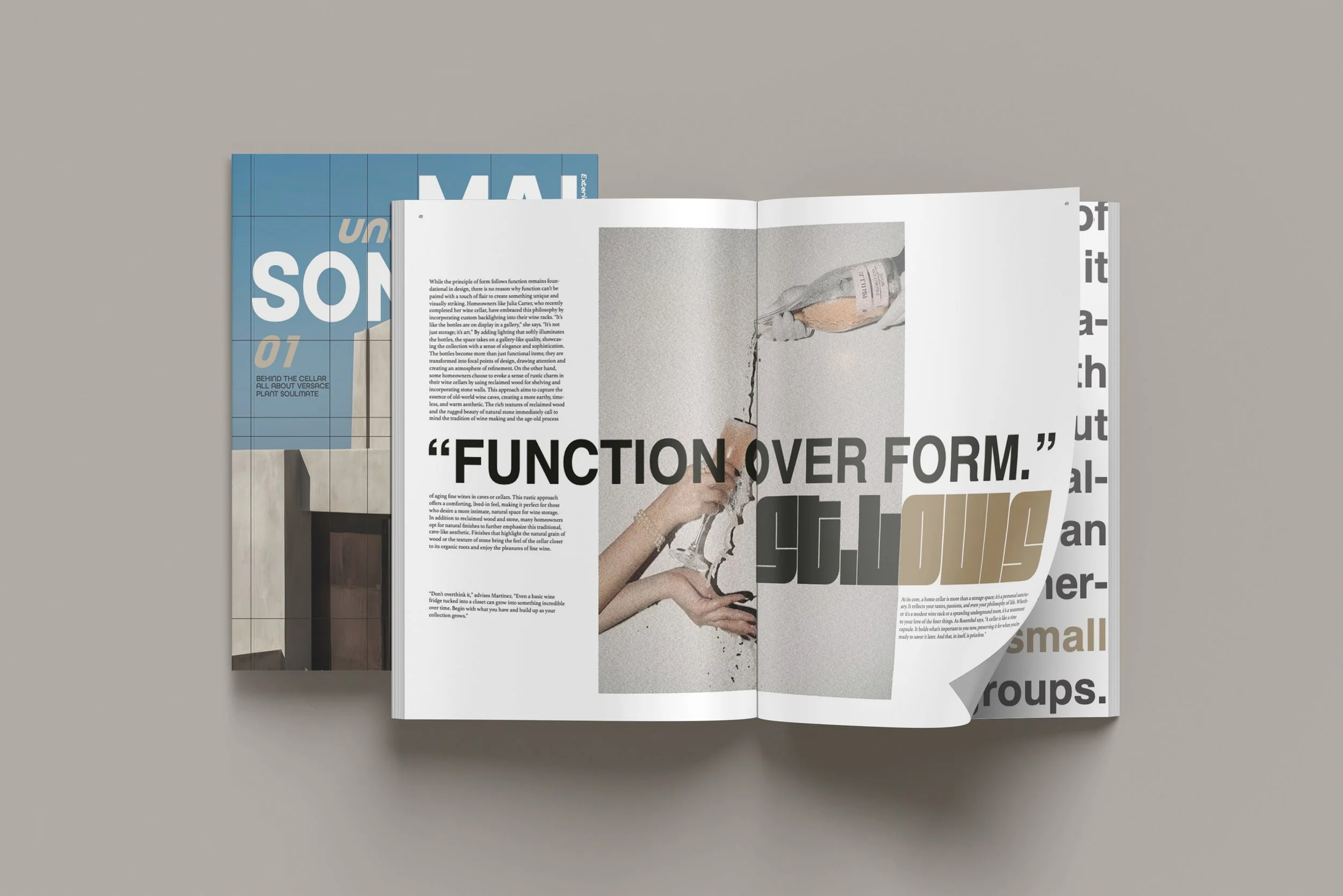 An open magazine with a large bold quote 'FUNCTION OVER FORM.' on the left page, and an image of a hand pouring a liquid from a bottle on the right page, set against a gray background.