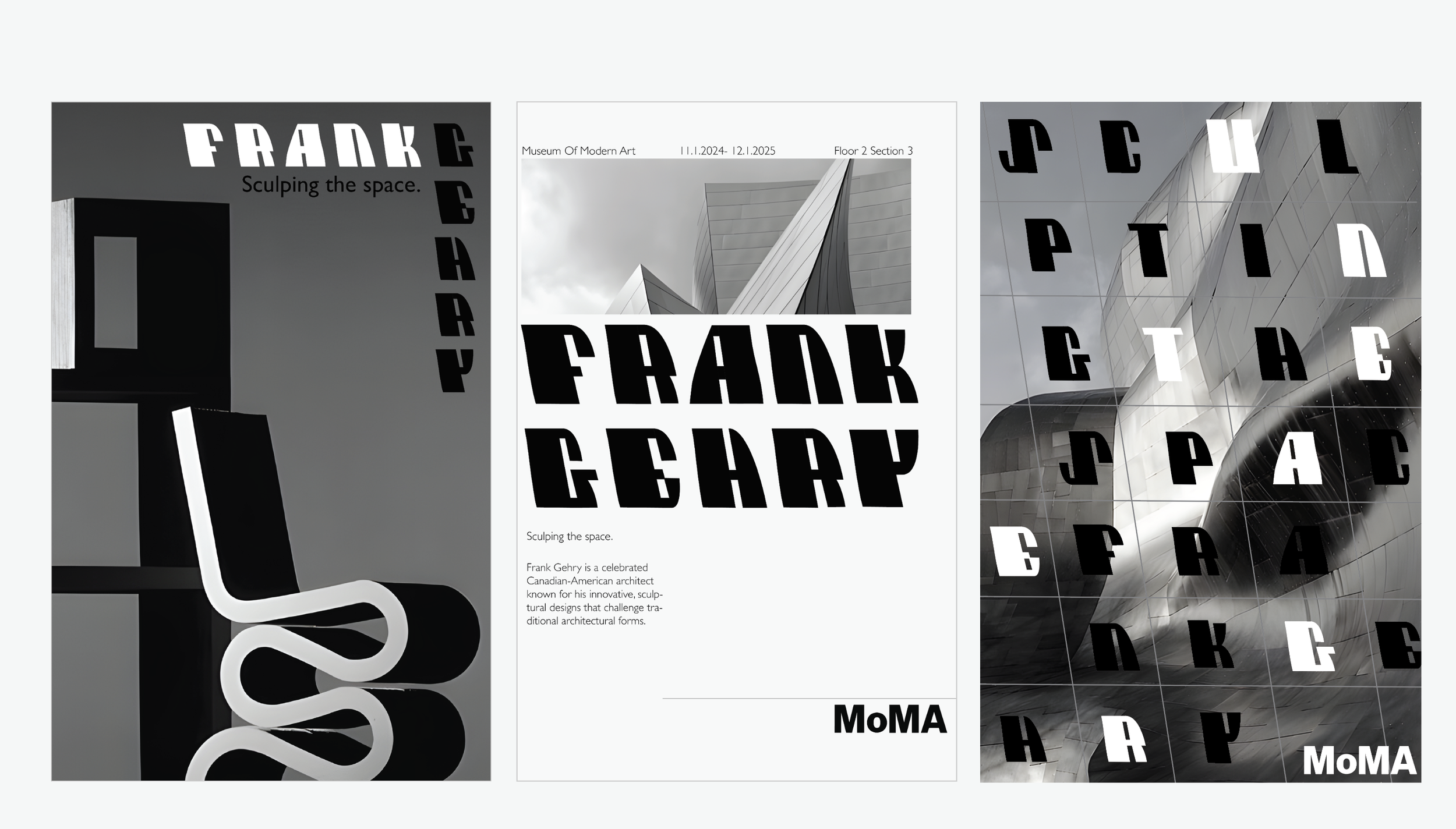 Three posters or advertisements related to architect Frank Gehry, featuring modern architectural designs in black and white images and text.