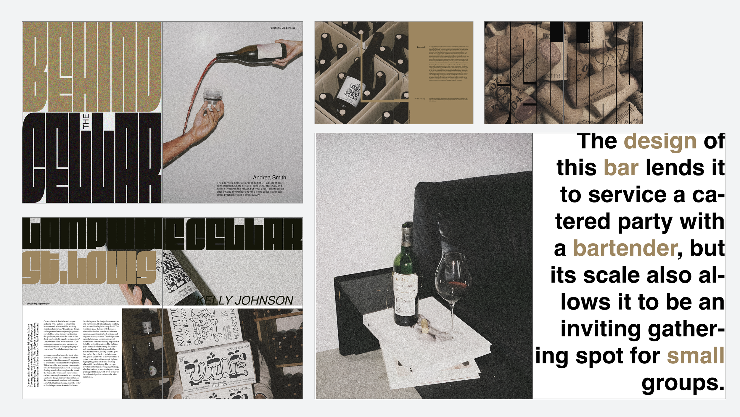 Collage of magazine pages and photos discussing bar design, including images of wine bottles, corks, a bar setup with wine and a glass, and a person reading a magazine, with an article about the small scale of bars as inviting gathering spots.