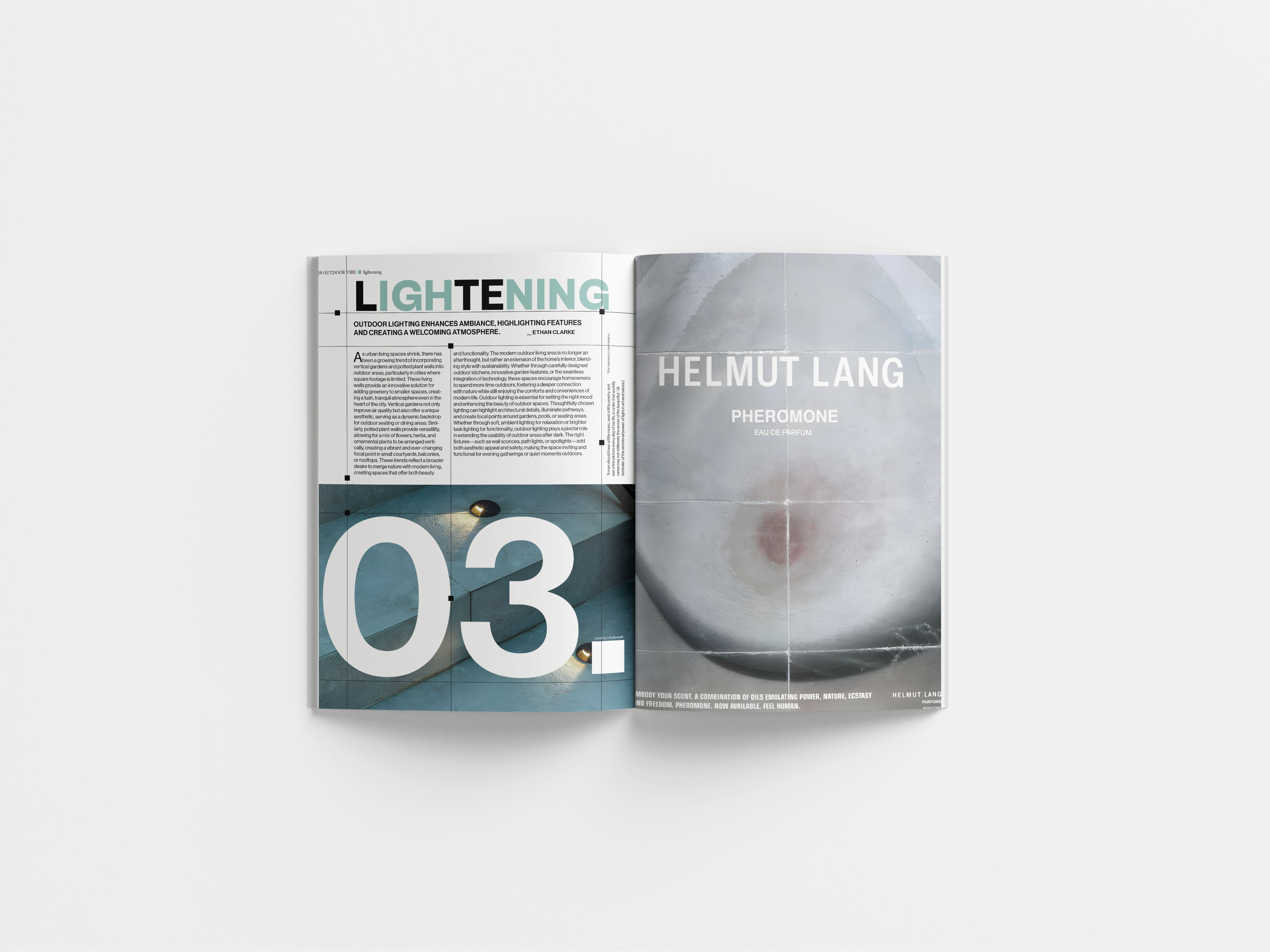 Open magazine with editorial content about lighting design on the left page, featuring large number '03' over blue tiles, and ad for Helmut Lang perfume on the right with an abstract grey and white background.