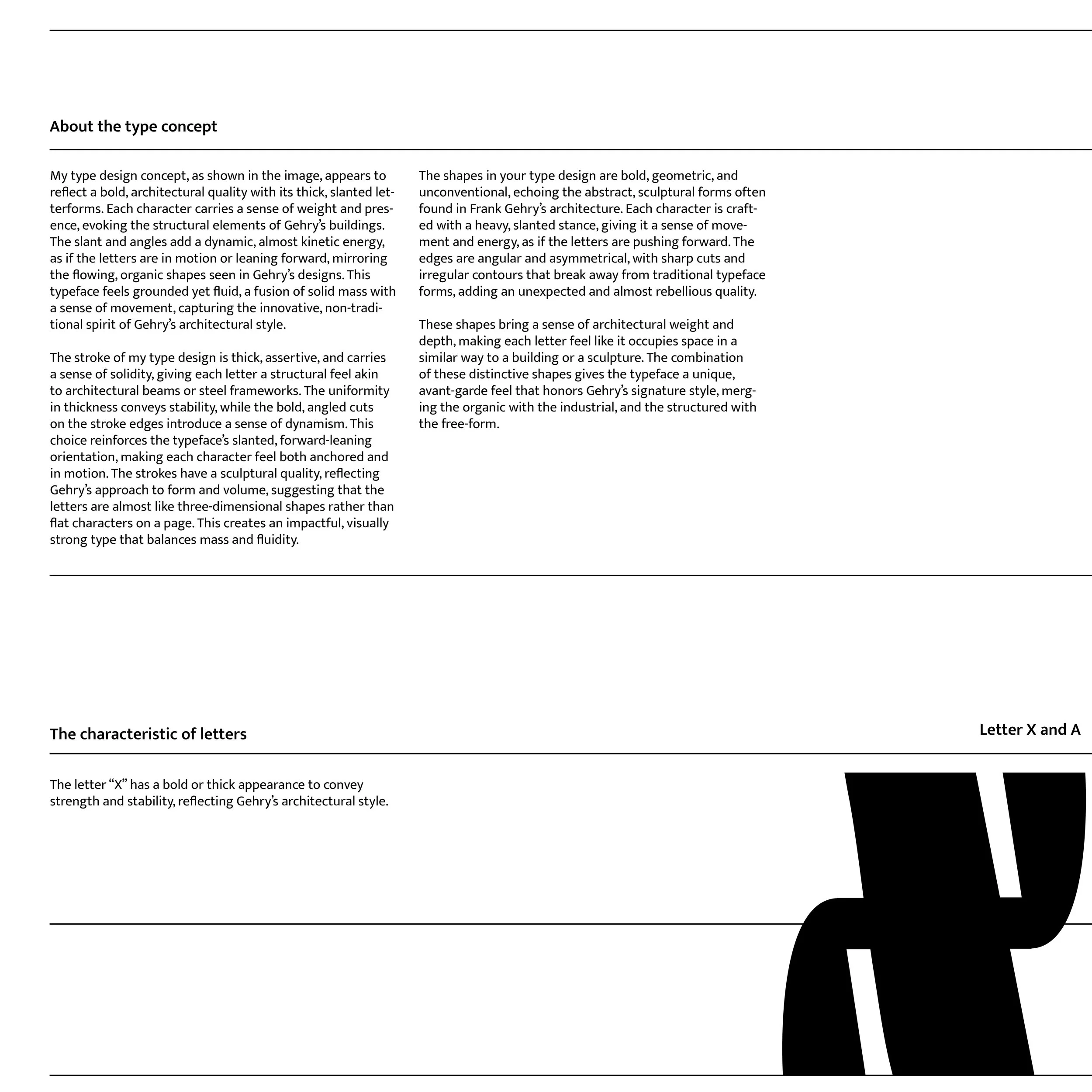 An informational page about type design concepts, featuring large, bold black letters 'X' and 'A' with informational text and a large black letter 'D' in the bottom right corner.