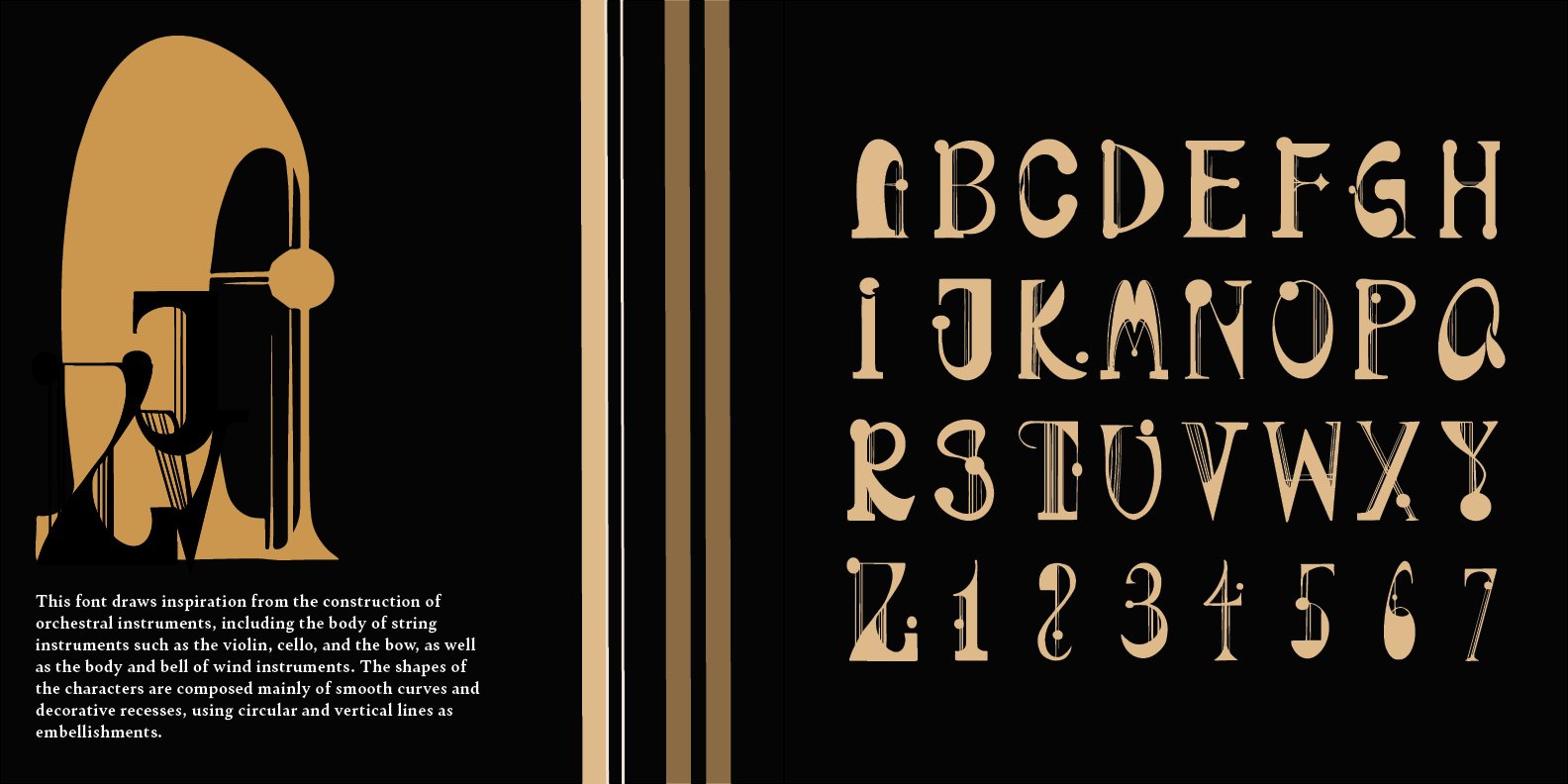 A black background with a stylized illustration of a string instrument on the left and a beige alphabet and numbers on the right, with a description of the font's inspiration from orchestral instrument construction.