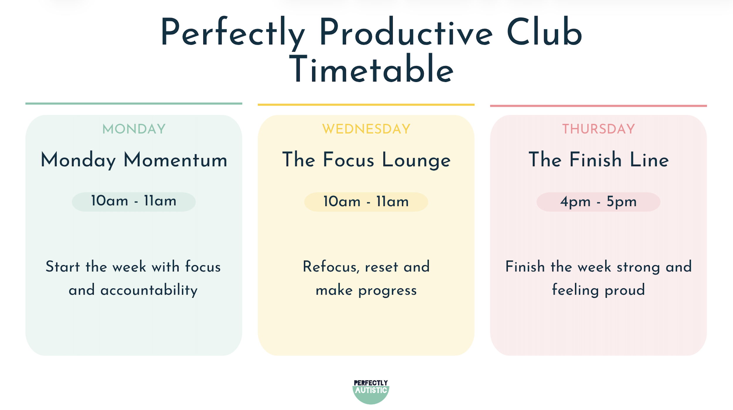 Image saying Perfectly Productive Club Timetable with the times underneath