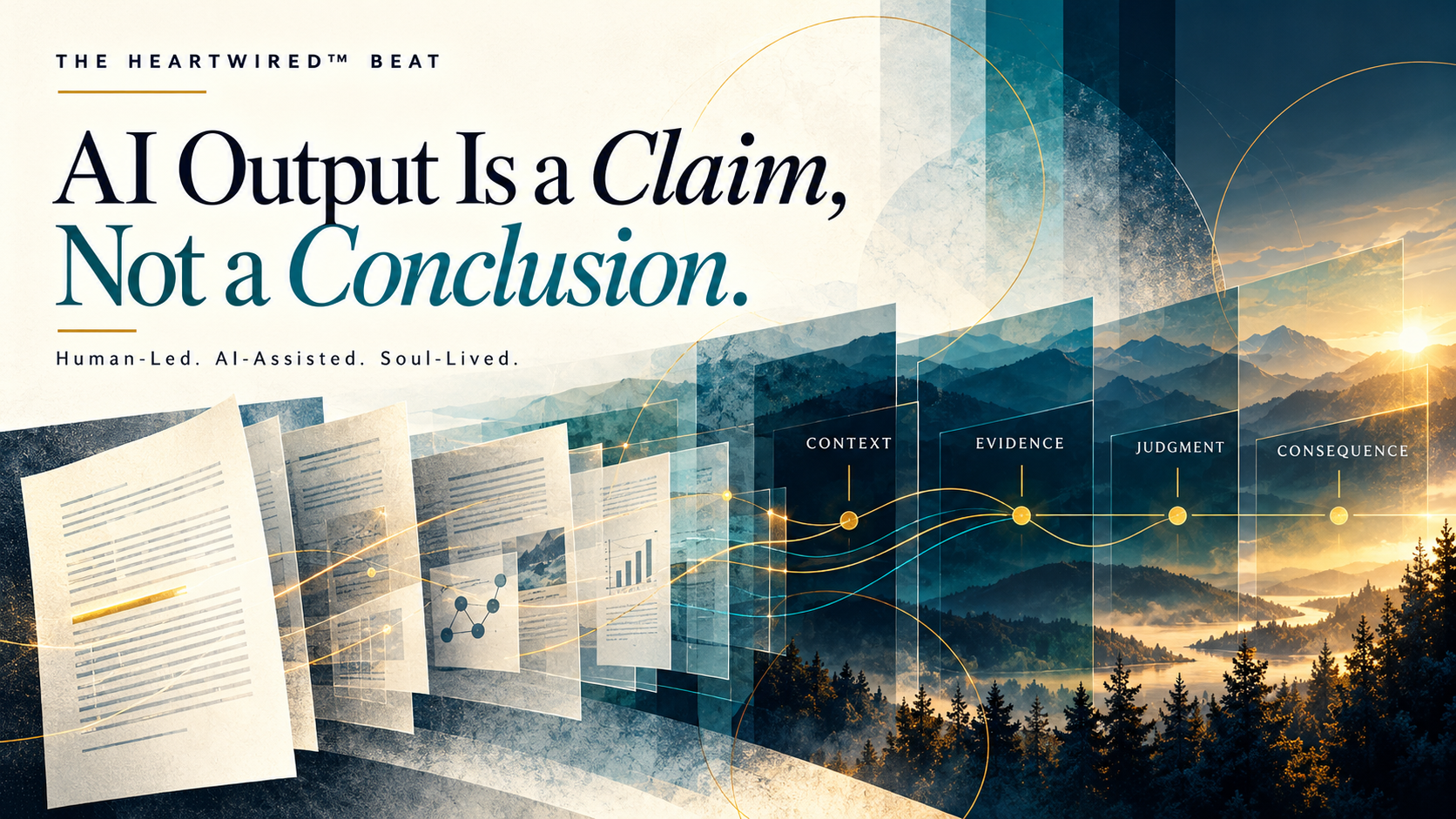 Graphic titled AI Output Is a Claim, Not a Conclusion from The HeartWired beat. Layered document pages flow through panels labeled Context, Evidence, Judgment, and Consequence toward a mountain landscape at sunrise. Tagline: Human-Led. AI-Assisted. Soul-Lived.