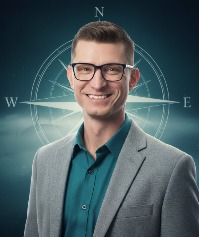Dr. Danny G., The Leadership Alchemist with compass backdrop