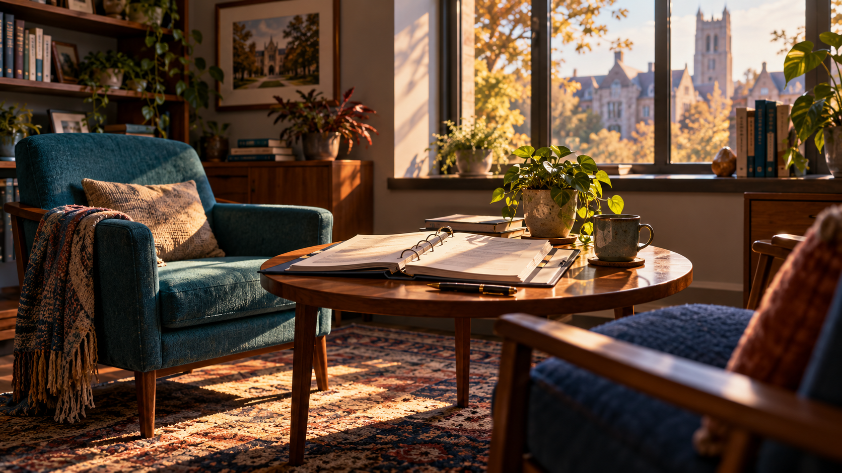 A warm, sunlit advising space with an open policy binder on a wooden table between two chairs. The scene illustrates the space between written rules and the human circumstances that require judgment.