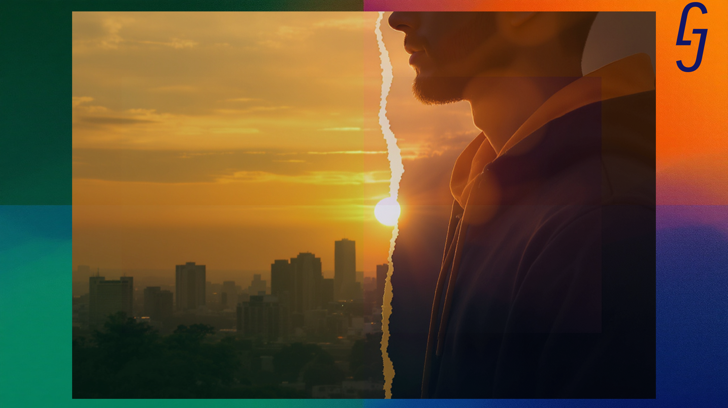 Inspiring image of a young man looking to tackle his future by gazing over a sunset behind a city skyline.