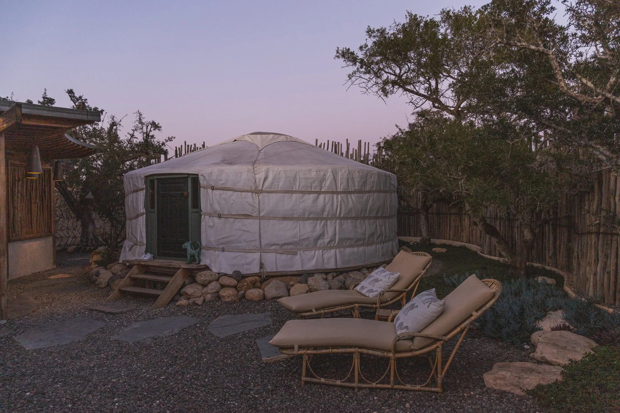 A yurt with a white fabric exterior is set up in a backyard with two lounge chairs, a wooden fence, and trees at dusk.