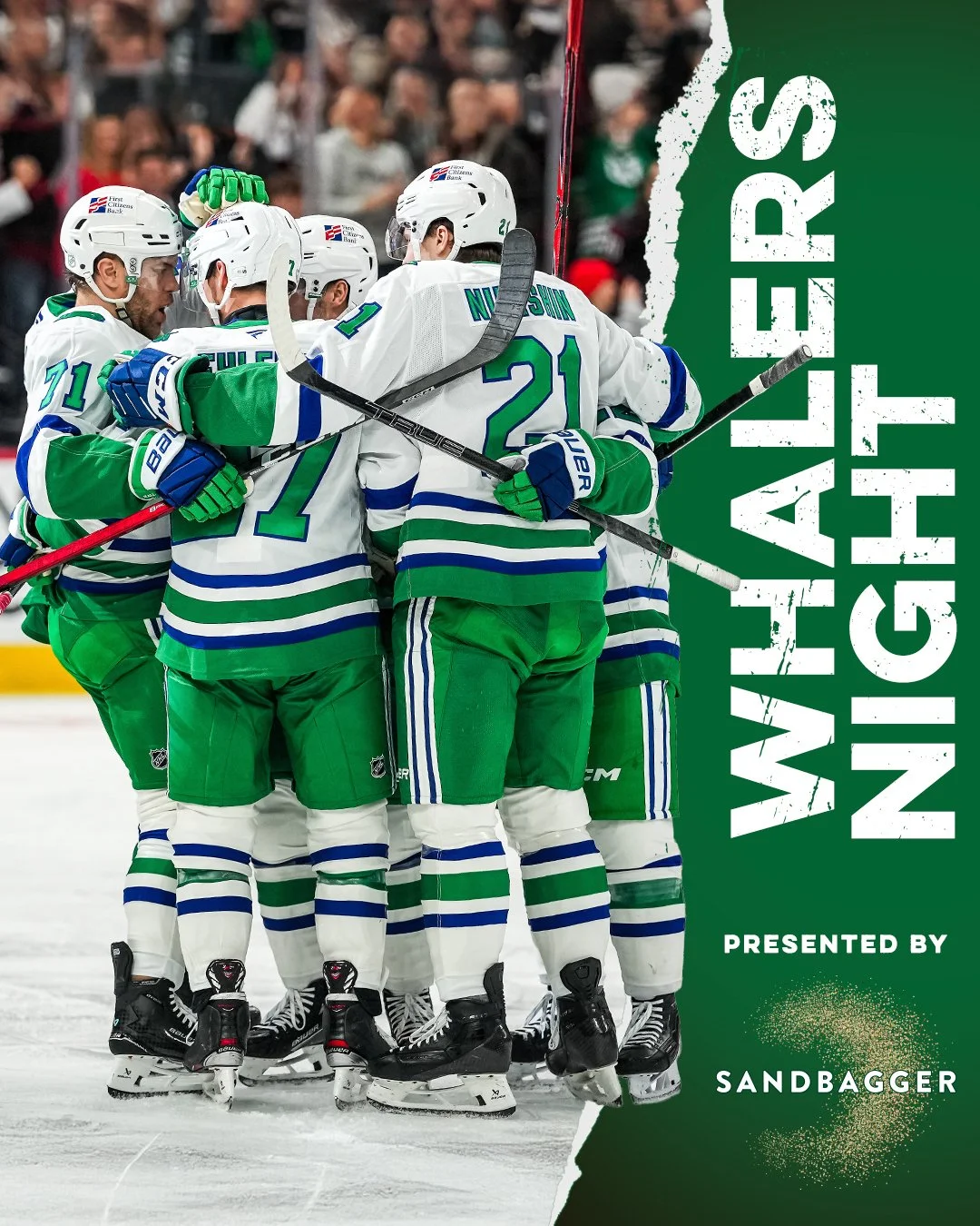 It's Whalers Night in Raleigh tonight! 🐋

We're celebrating the proud roots of this franchise as the Hartford Whalers with the annual game - the team'll be decked out in classic Whalers green-and-blue, and we can't wait to hear Brass Bonanza through