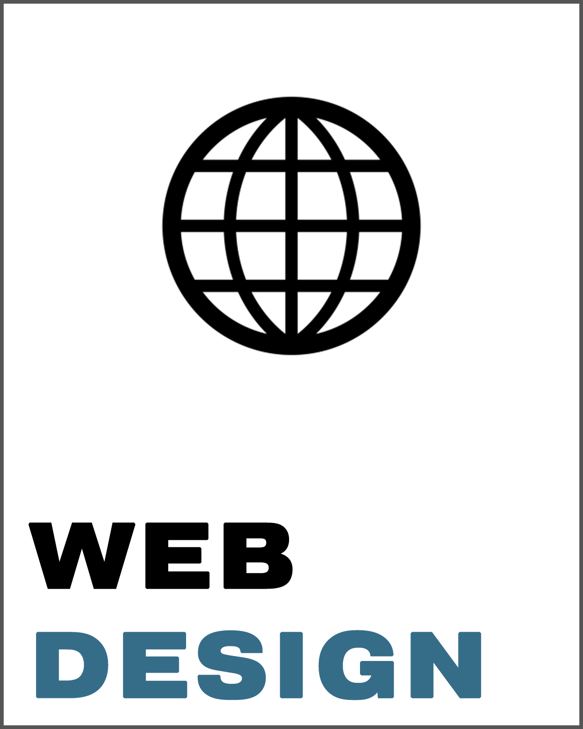 Icon of a globe above the text 'WEB DESIGN' in black and blue on a gray background.