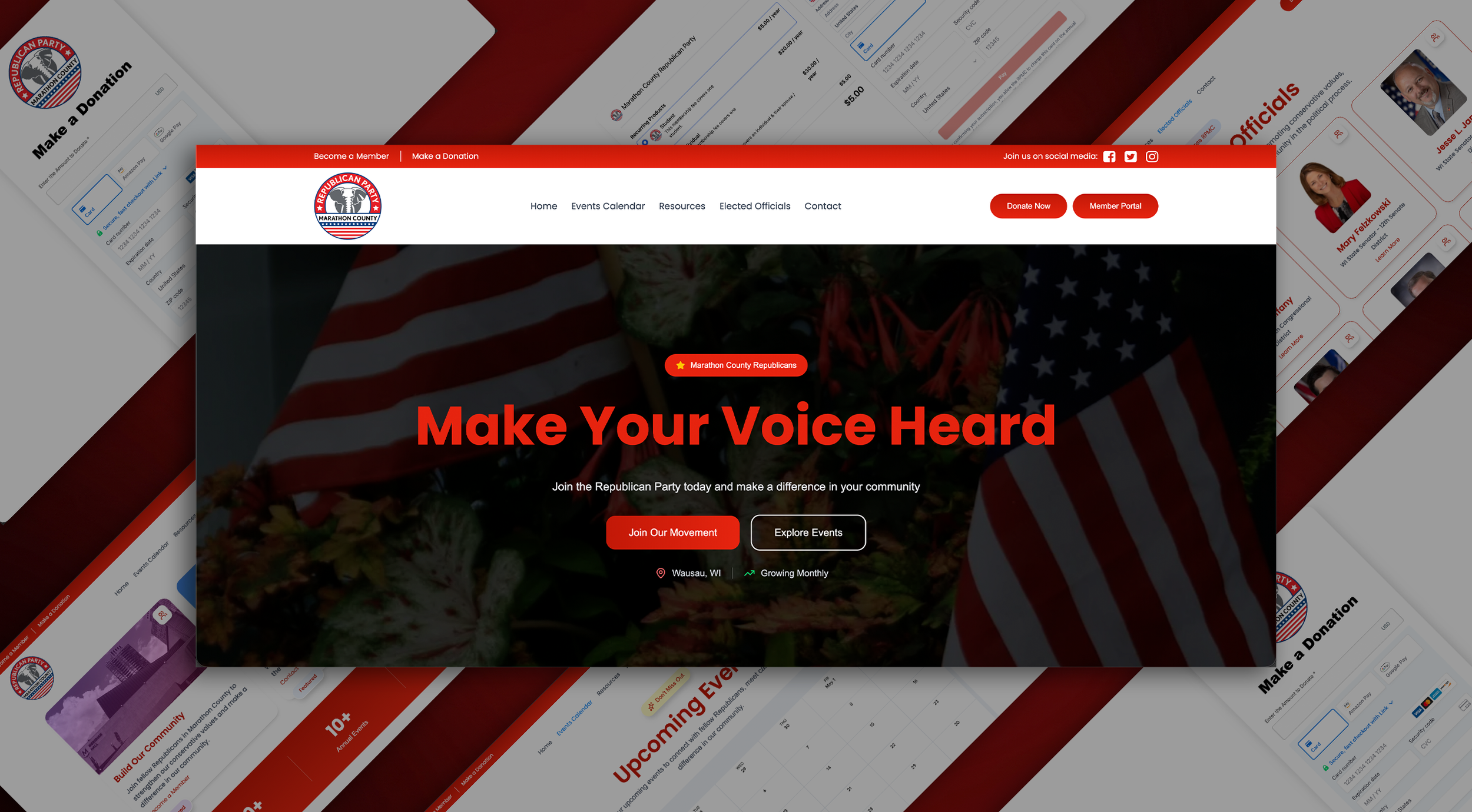 Screenshot of the Marathon County Republican Party website featuring a patriotic theme with American flags and red, white, and blue colors. The main headline reads 'Make Your Voice Heard' with options to join the movement or explore events, and menu options for Home, Events Calendar, Resources, Elected Officials, and Contact.