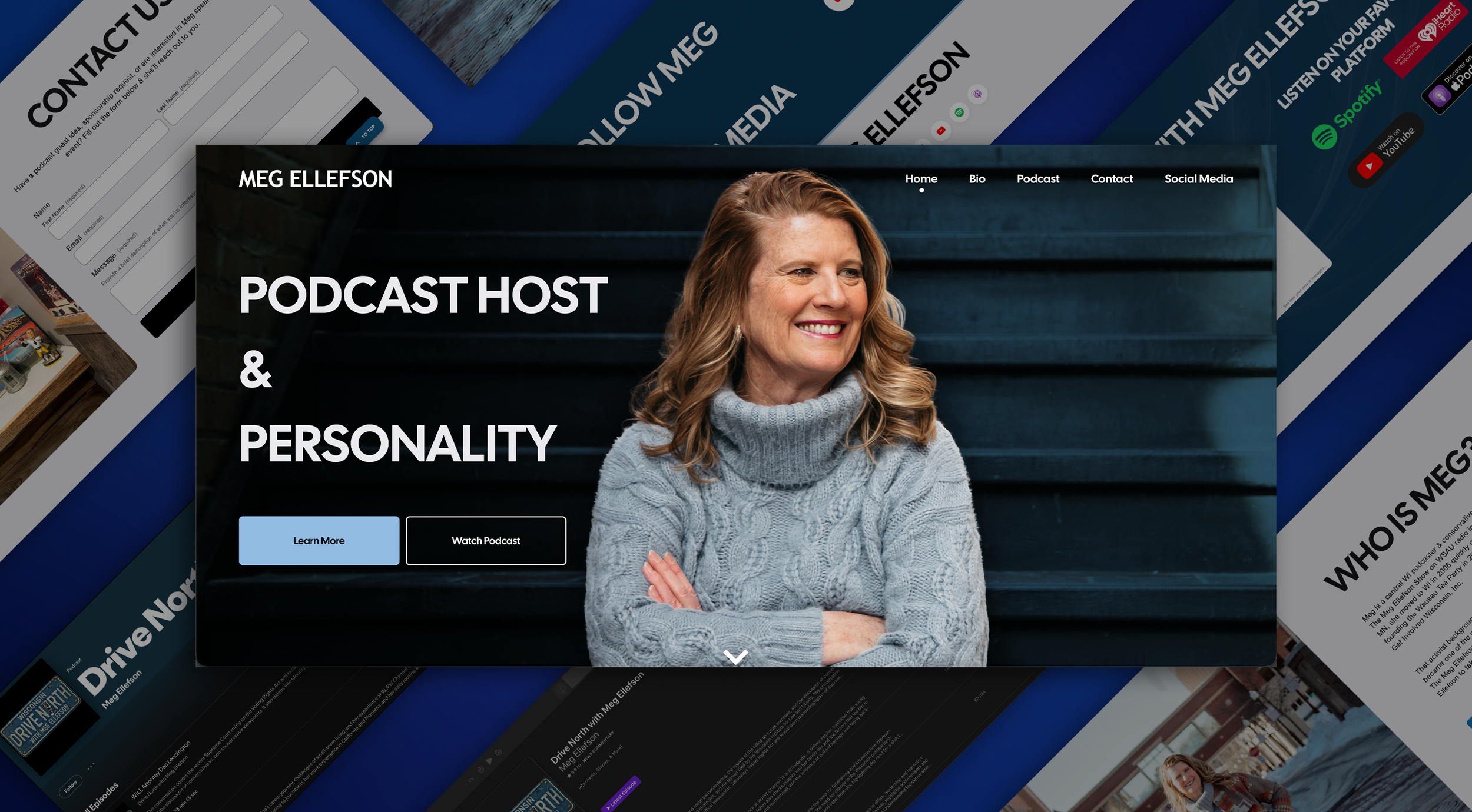 Website homepage featuring Meg Ellefson, a woman with blonde hair smiling, wearing a gray turtleneck sweater. The page is titled 'Podcast Host & Personality' with options to learn more or watch her podcast.