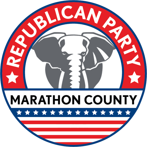 A circular logo with a red and blue color scheme. The top half reads 'REPUBLICAN PARTY' in white text, with stars on each side. The middle features a gray elephant head silhouette. The bottom half has 'MARATHON COUNTY' in bold black letters on a white background, with a stylized American flag pattern below.