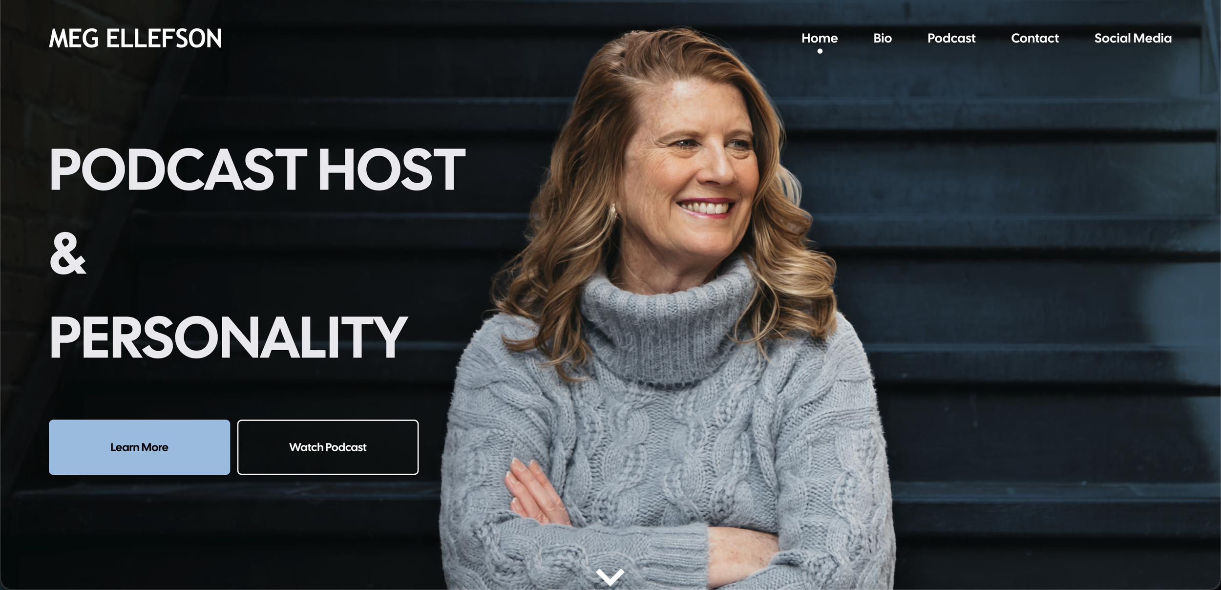 A woman with red hair smiling, wearing a gray sweater, sitting on stairs with a black wall in the background, part of a website homepage for a podcast host named Meg Ellefson.