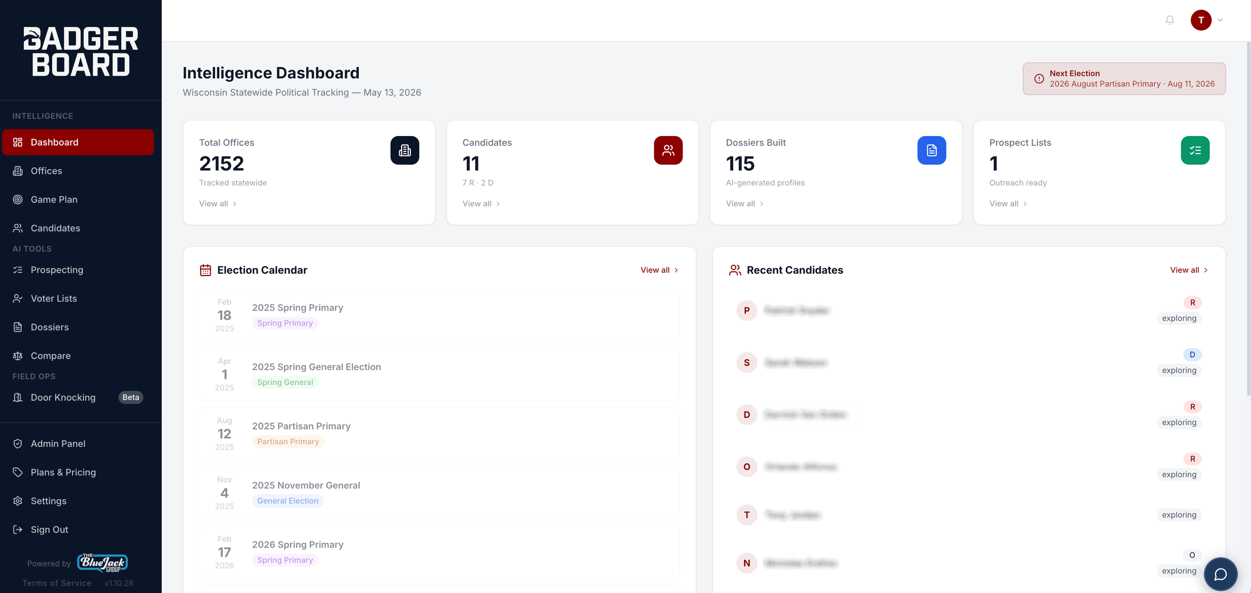Screenshot of an online political tracking dashboard with a dark blue sidebar on the left that includes menu items such as Dashboard, Offices, Game Plan, Candidates, and others. The main section shows various statistics including total offices tracked (2152), candidates (11), dossiers built (115), and prospect lists (1). There is also an election calendar with upcoming events like the 2025 Spring Primary and the 2025 Spring General Election. On the top right, there's a notifications area indicating an upcoming election on August 11, 2026, and the dashboard background is light with a clean, organized layout.