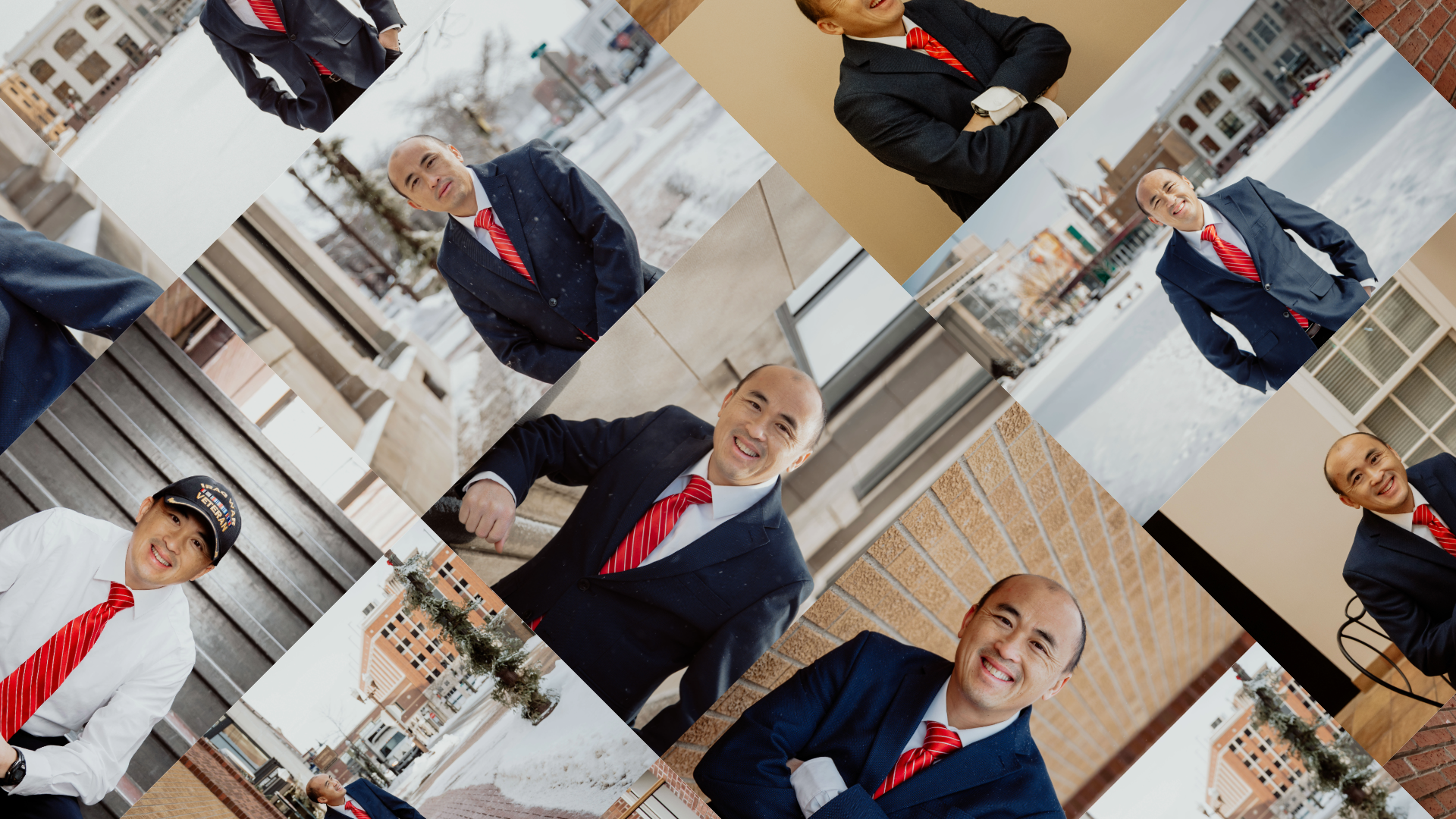 Collage of multiple photos of a man in a business suit with a red striped tie, smiling, in urban and indoor settings with cold weather and snow.