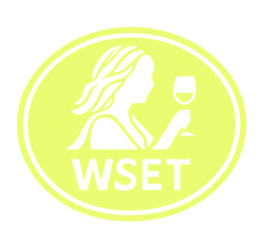 A yellow circular logo with a silhouette of a woman with flowing hair holding a glass of wine, and the text 'WSET' underneath.