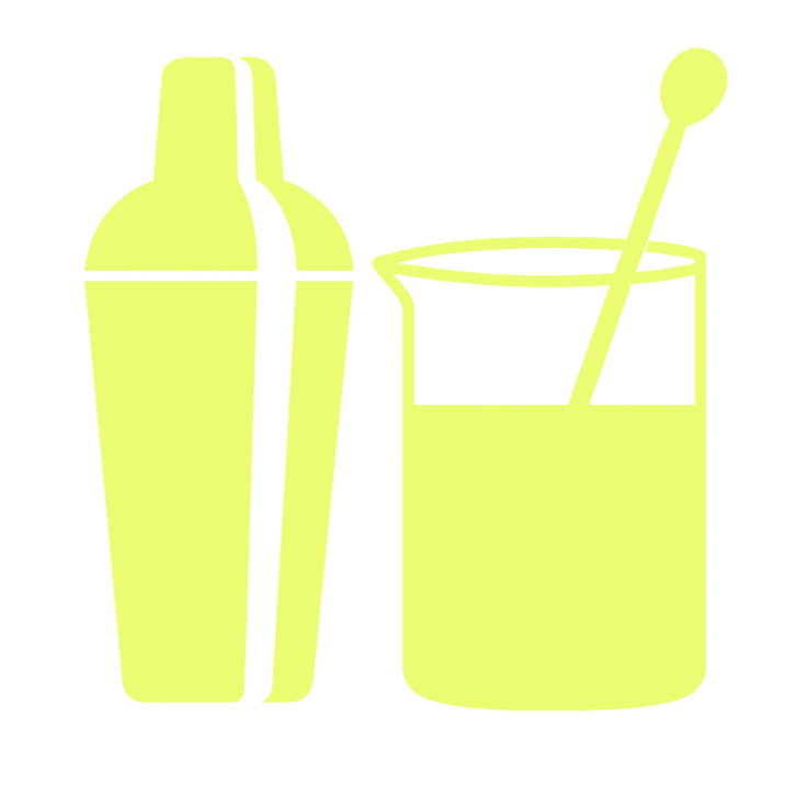 A simplified, minimalistic illustration of a cocktail shaker and a glass with a straw and a stir stick.