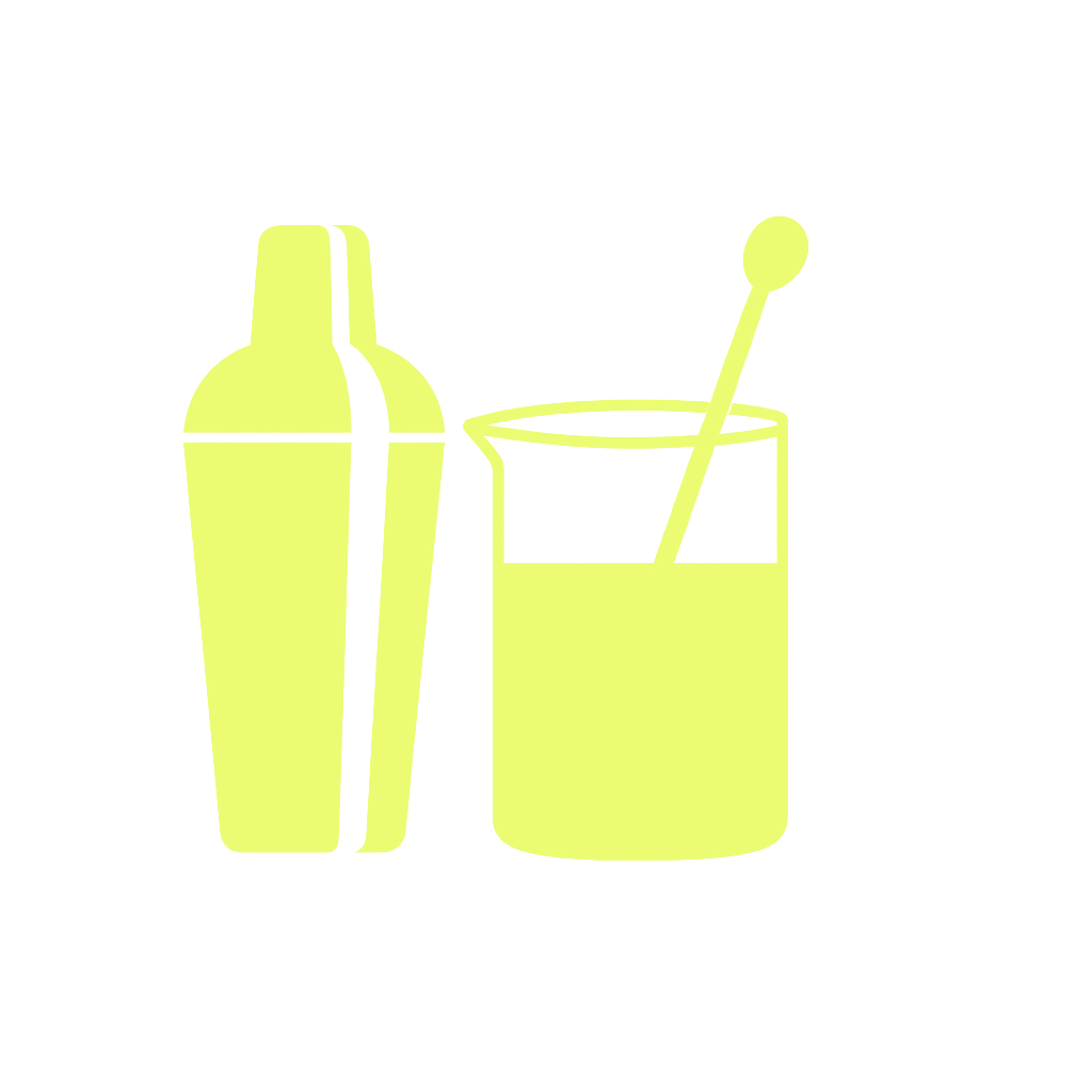 Illustration of a cocktail shaker and a glass with a straw and spoon.