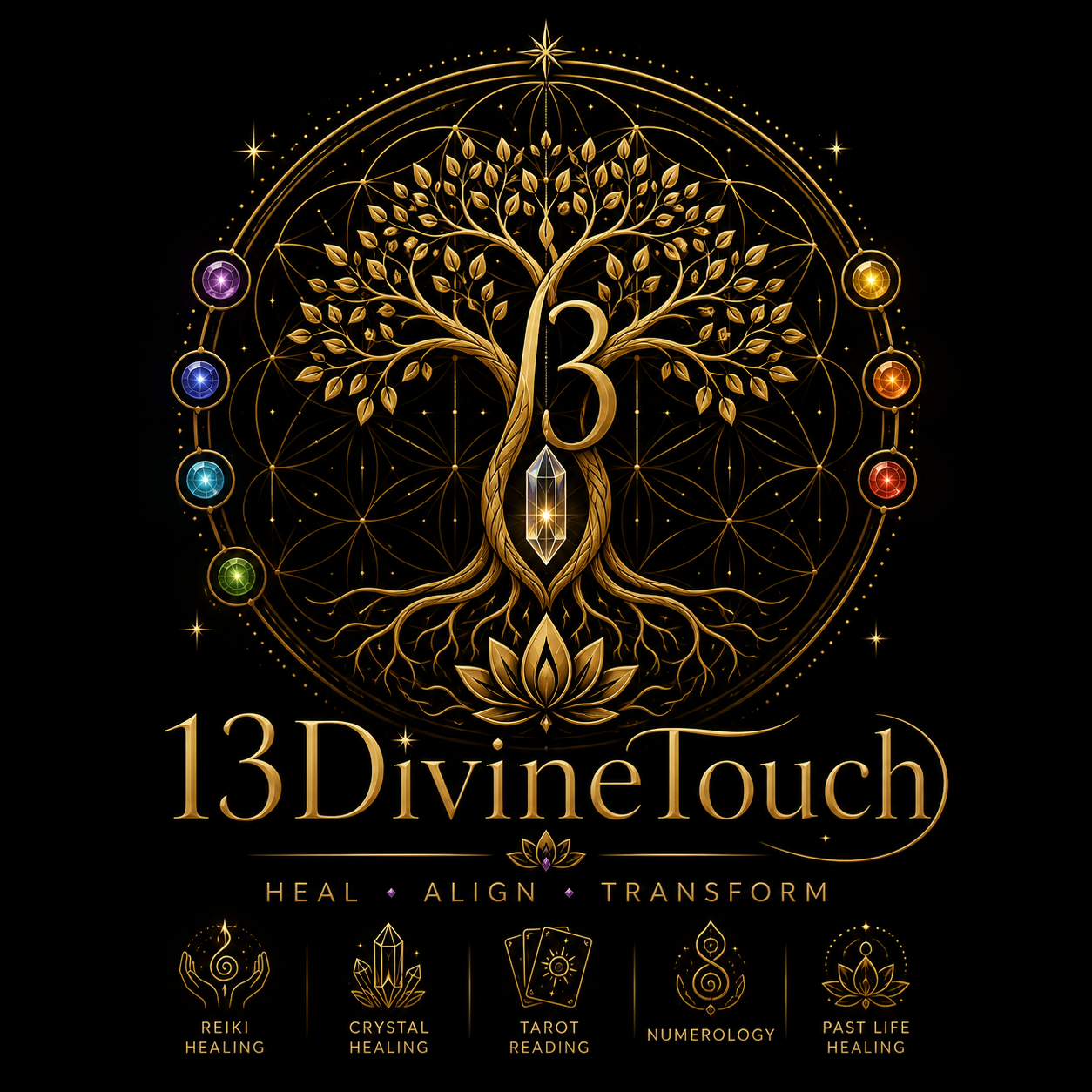 A gold, intricate tree with leaves, roots, and a large number 3 in the center, surrounded by a geometric pattern with colorful orbs. Below is the text '13 Divine Touch' with the words 'Heal, Align, Transform' underneath, and icons representing Reiki healing, crystal healing, tarot reading, numerology, and past life healing.