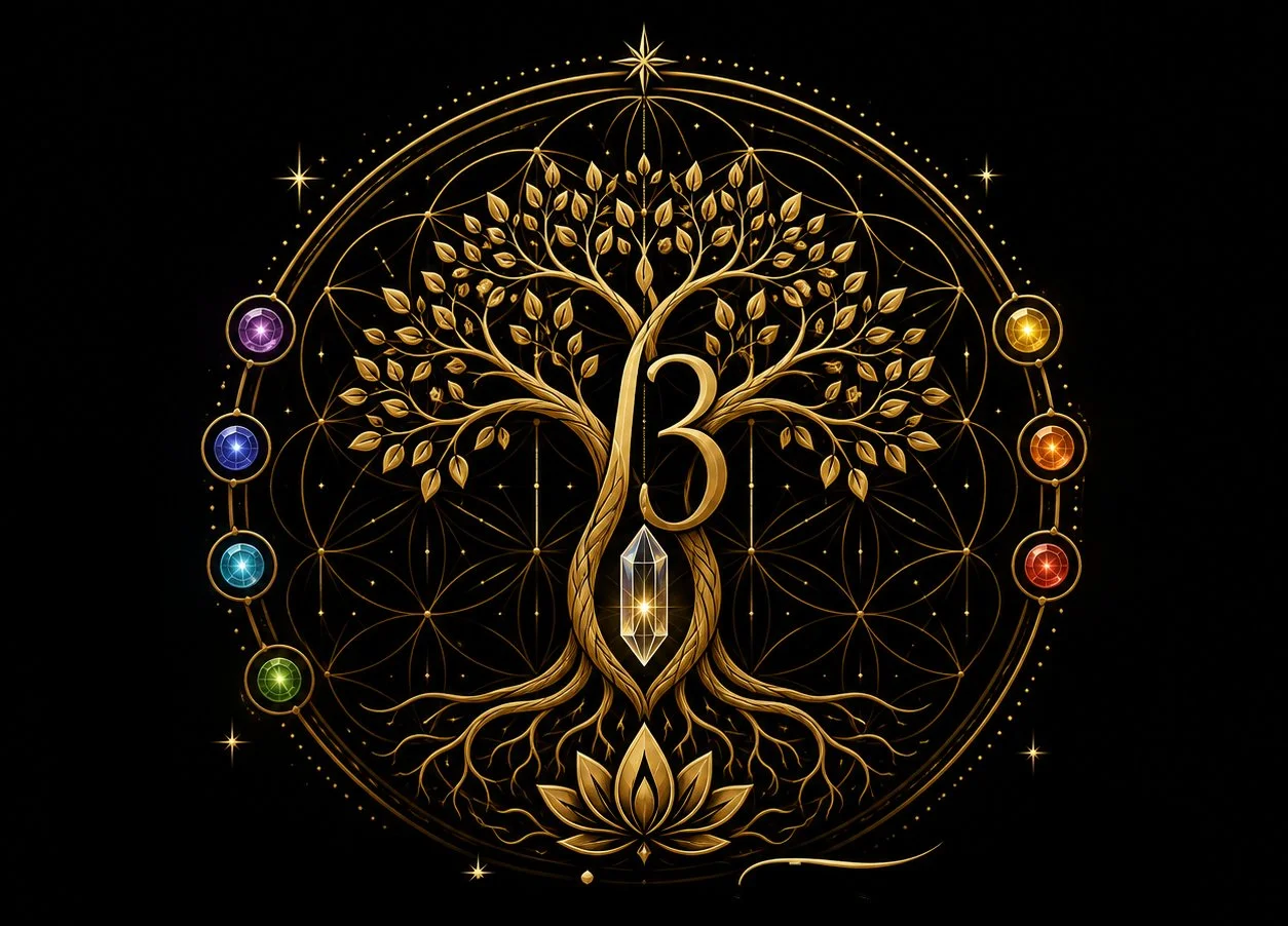 A mystical golden tree of life with intertwined branches and roots, adorned with a large crystal at the base, set against a black background. A golden number 3 is suspended in the center, surrounded by colorful gemstones representing the chakras.