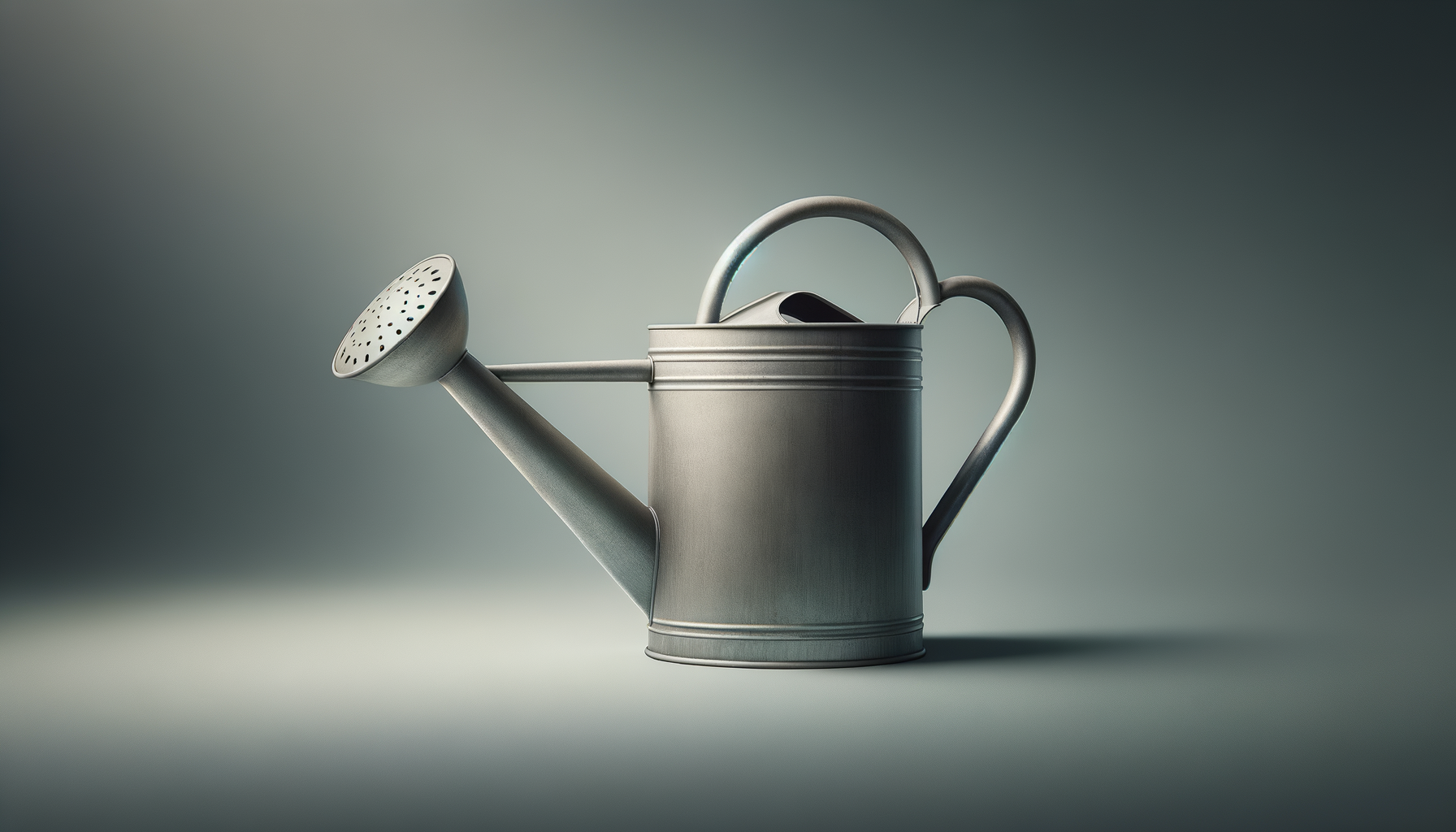 A metallic watering can with a long spout, handle, and a detachable perforated nozzle, placed on a smooth surface against a gradient background.