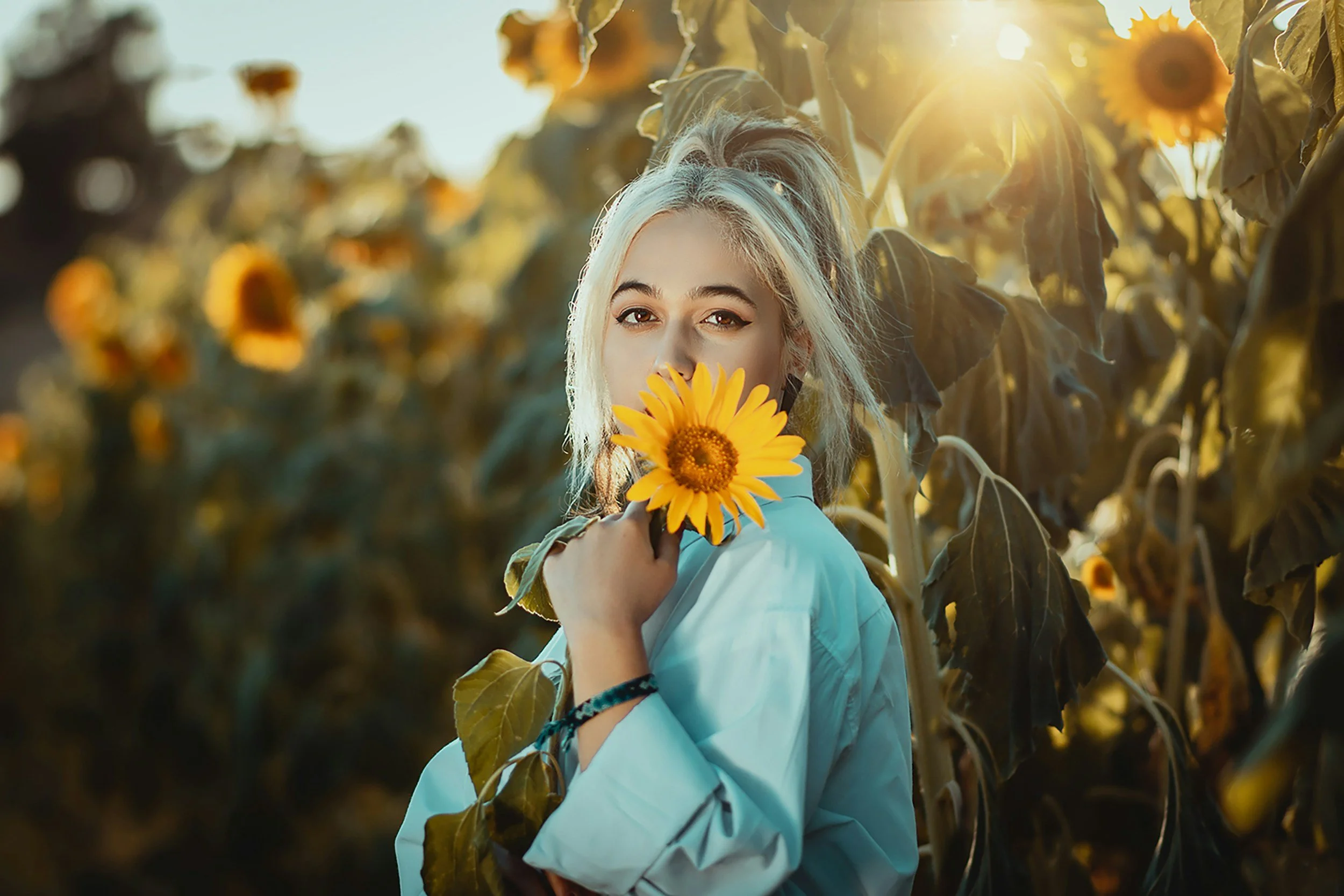 A young woman with blonde hair in a ponytail holding a sunflower close to her face in a sunflower field during sunset.