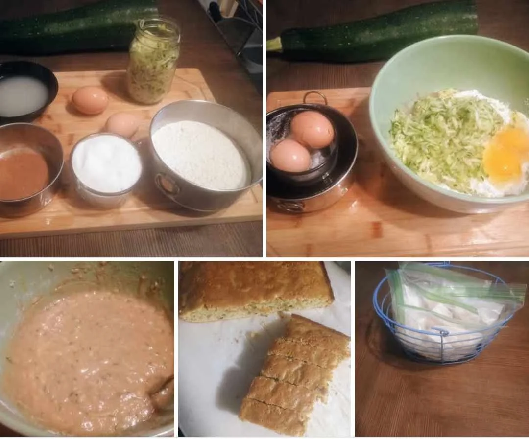Ingredients and preparation steps for a cooking recipe, including eggs, flour, zucchini, a jar of pickles, a cutting board, and a basket of bread, with a bowl of batter and a baked loaf.