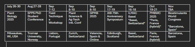 Table listing dates, events, locations, and hosts for plant biology conferences and workshops from August to November 2023, including the Plant Biology 2025 conference in Milwaukee and various symposiums in Europe.