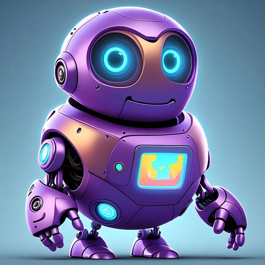 A cute, futuristic purple robot with big glowing blue eyes and a small screen on its chest showing colorful abstract shapes, set against a soft gradient background.