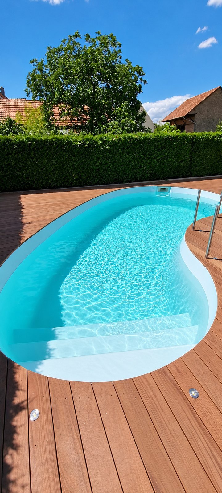 Terrasse en bois exotique autour d’une piscine, réalisée par Le Loft Signature