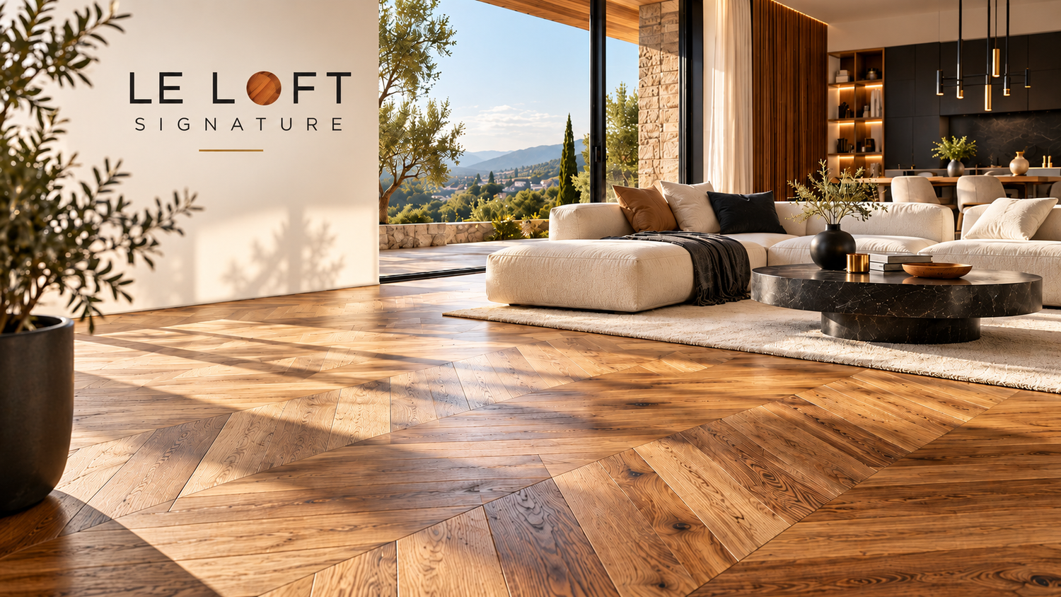 Séjour avec parquet chêne, illustration Le Loft Signature
