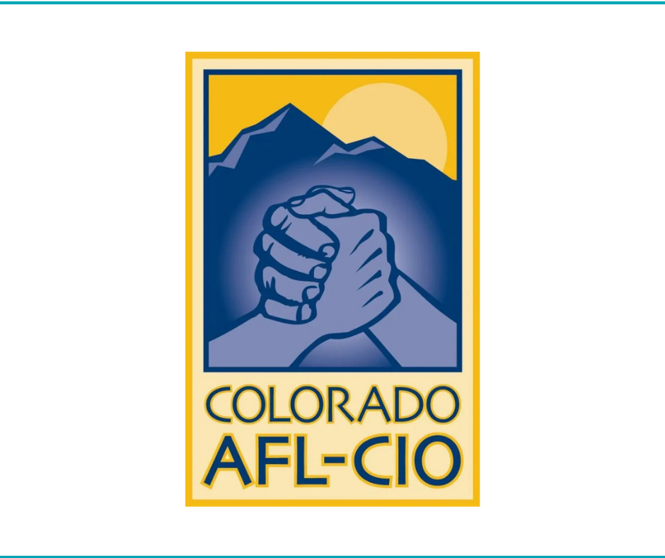 A logo featuring mountain peaks, a setting sun, and two clasped hands, with the text "Colorado AFL-CIO" underneath.