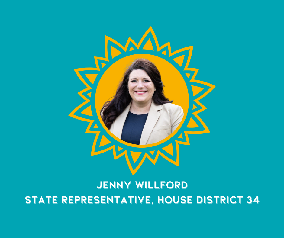 Photo of Jenny Willford, a woman with dark hair and a beige blazer, smiling, inside a sun-like graphic with a yellow background and orange outlines, on a teal background with her name and title in white text.
