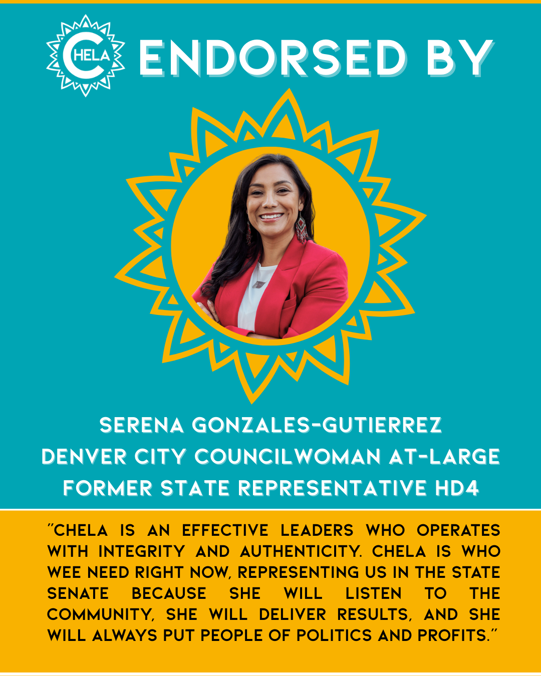 ENDORSES CHELA IRLANDO GARCIA FOR COLORADO