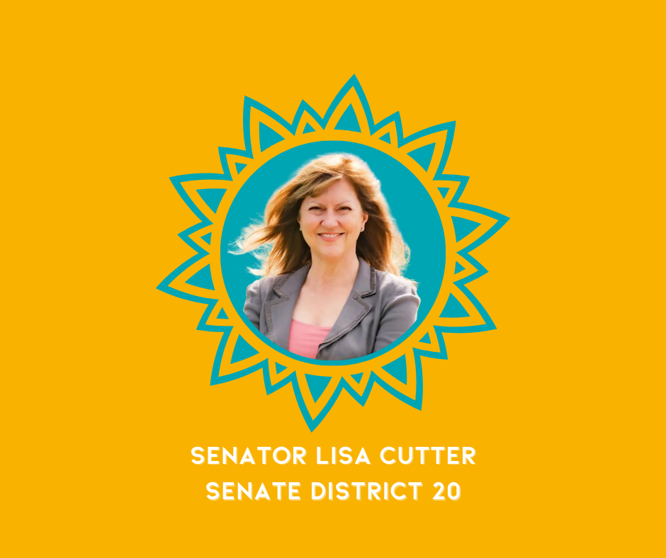 An orange background features a woman with blond hair smiling, framed by a decorative blue and orange sunburst with her portrait inside. Below, white text reads 'Senator Lisa Cutter, Senate District 20.'