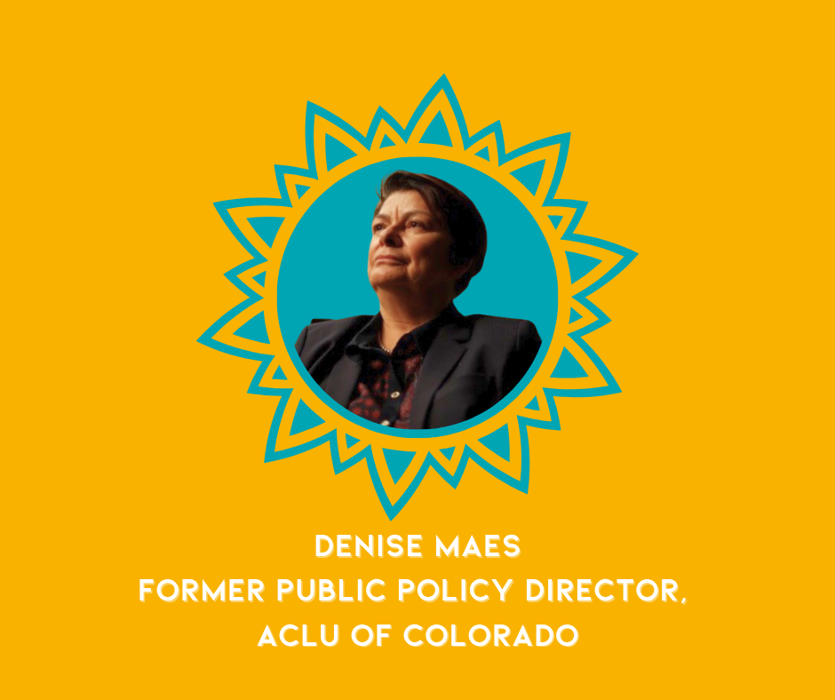 Portrait of Denise Maes, former public policy director at ACLU of Colorado, set against a yellow background with a blue decorative border around her photo.